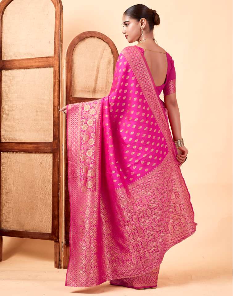 Rani Pink Jacquard Saree for Women with Golden Zari Butti Weaving | Premium Wedding, Festive & Traditional Wear Saree with Unstitched Blouse Piece