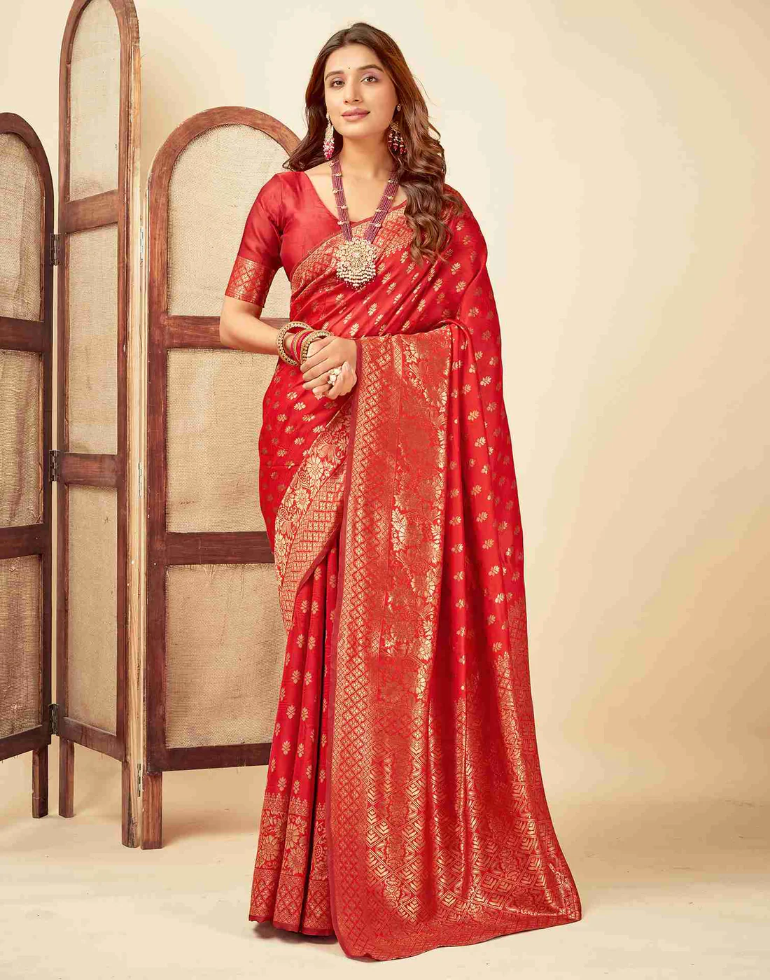 Red Jacquard Saree for Women with Golden Zari Butti Weaving | Premium Wedding, Reception & Festive Wear Saree with Unstitched Blouse Piece