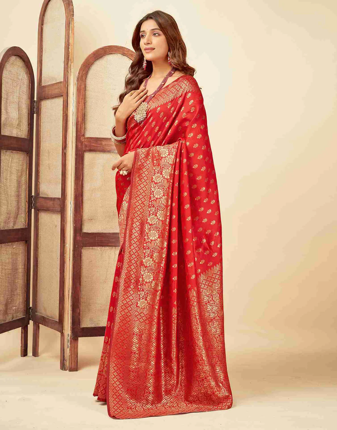 Red Jacquard Saree for Women with Golden Zari Butti Weaving | Premium Wedding, Reception & Festive Wear Saree with Unstitched Blouse Piece
