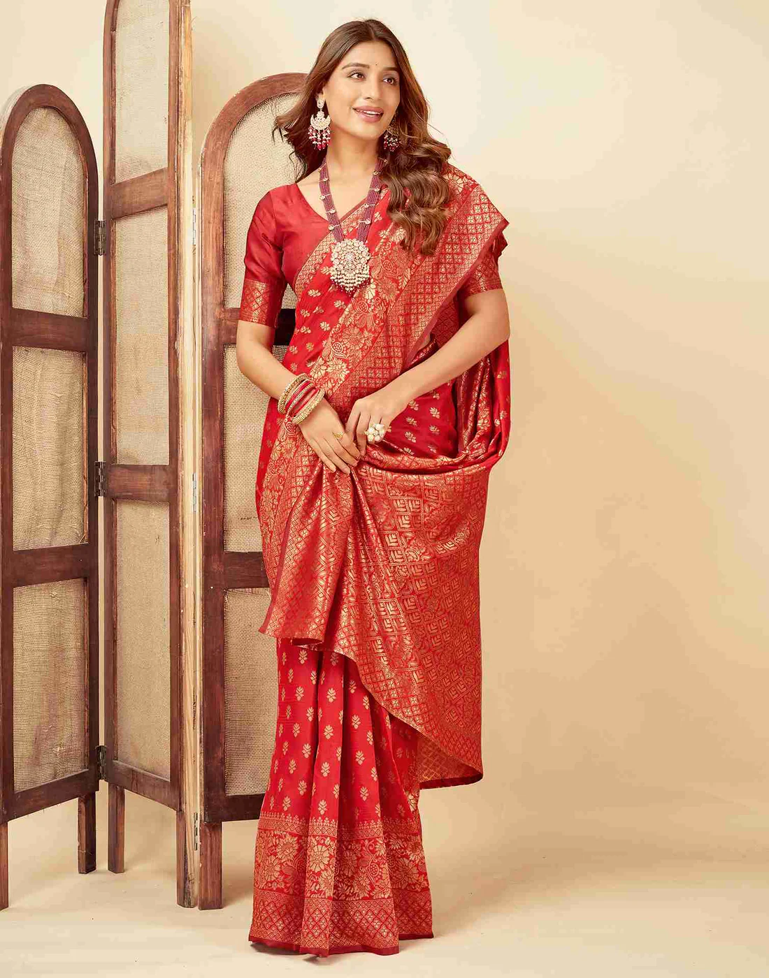 Red Jacquard Saree for Women with Golden Zari Butti Weaving | Premium Wedding, Reception & Festive Wear Saree with Unstitched Blouse Piece