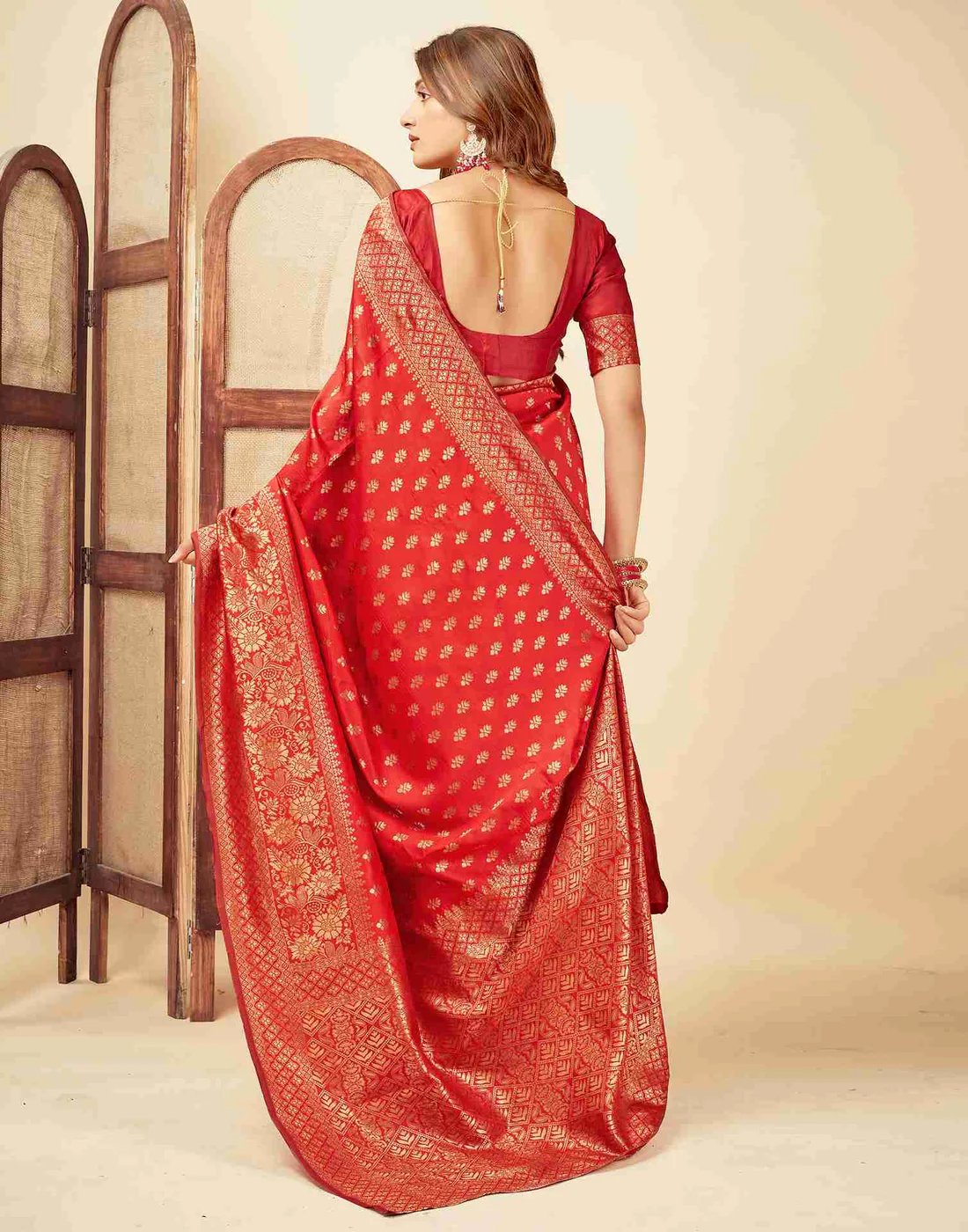 Red Jacquard Saree for Women with Golden Zari Butti Weaving | Premium Wedding, Reception & Festive Wear Saree with Unstitched Blouse Piece