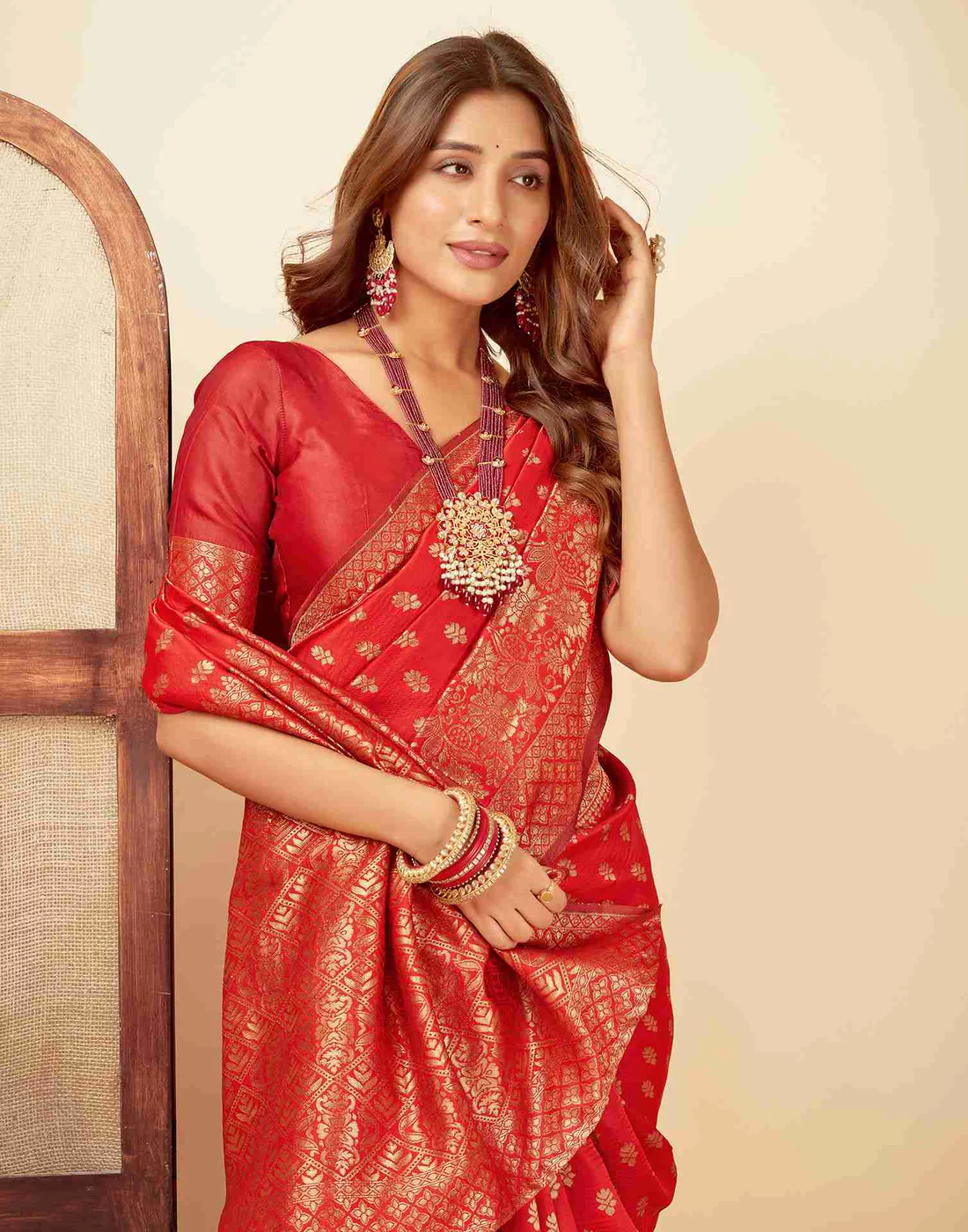 Red Jacquard Saree for Women with Golden Zari Butti Weaving | Premium Wedding, Reception & Festive Wear Saree with Unstitched Blouse Piece