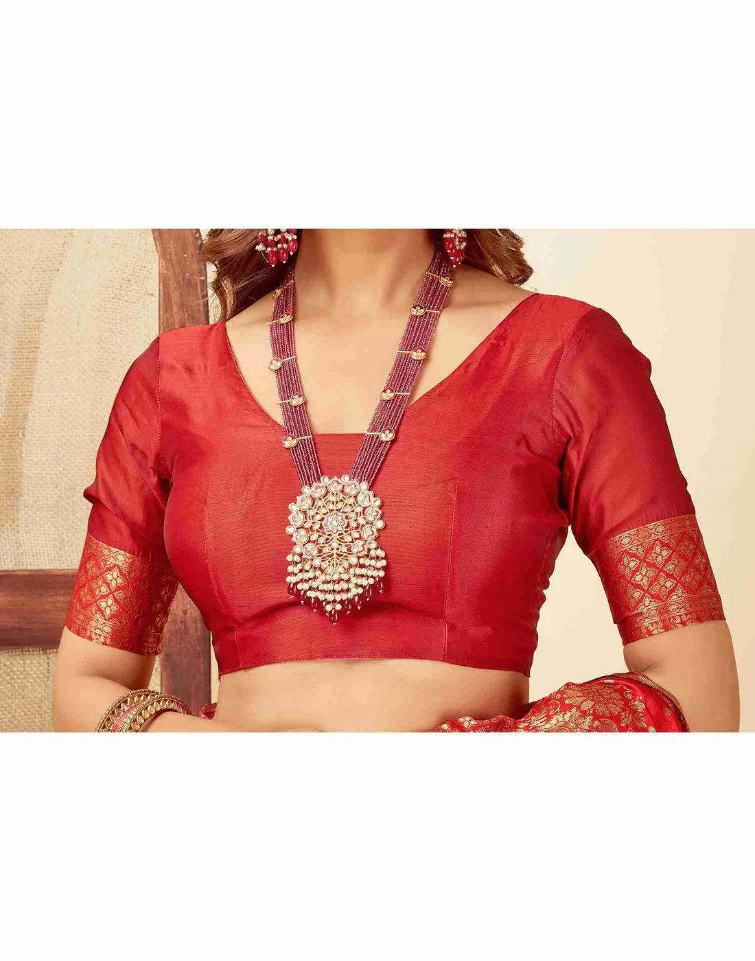 Red Jacquard Saree for Women with Golden Zari Butti Weaving | Premium Wedding, Reception & Festive Wear Saree with Unstitched Blouse Piece