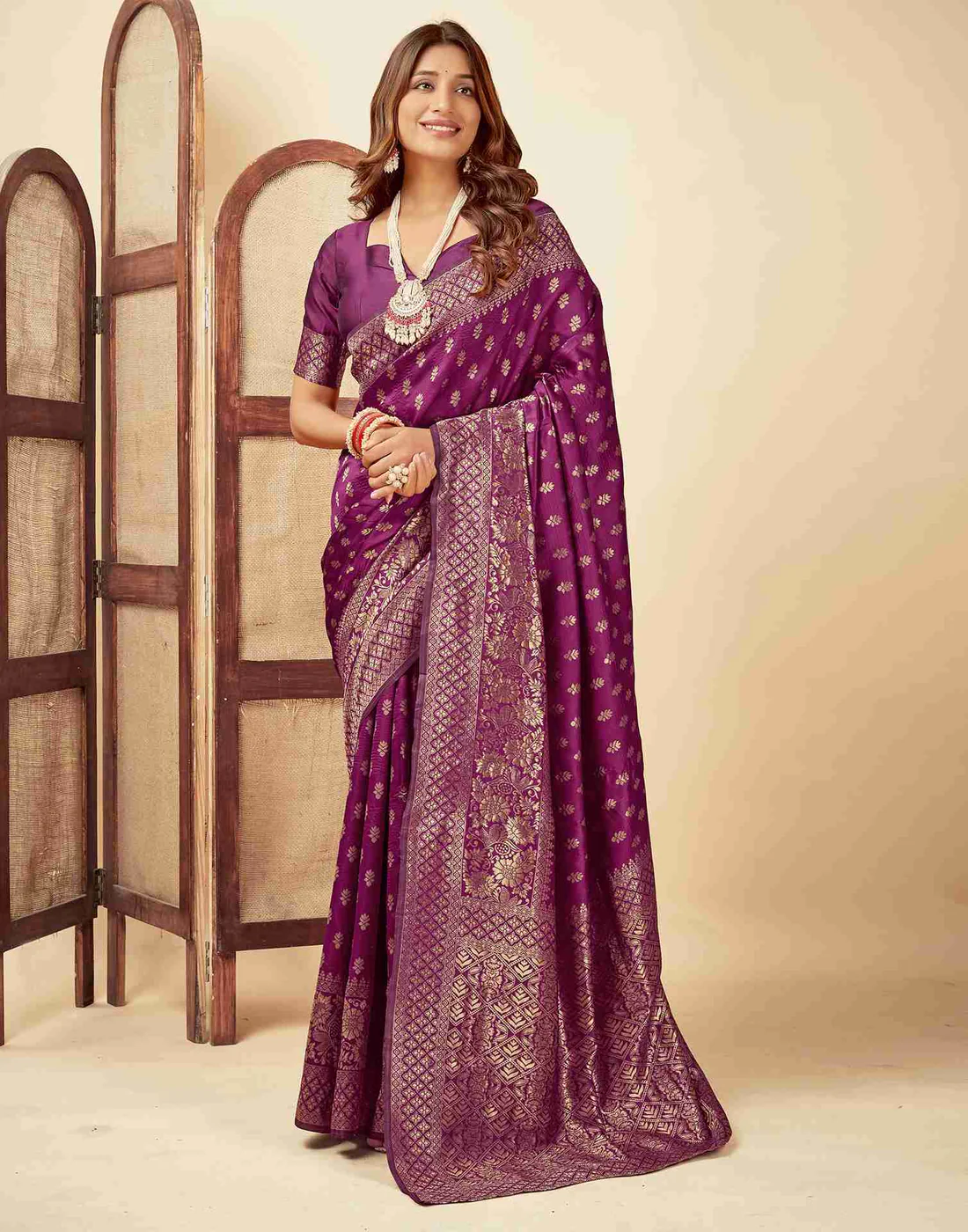 Wine Jacquard Saree for Women with Golden Zari Butti Weaving | Premium Wedding, Festive & Traditional Wear Saree with Unstitched Blouse Piece