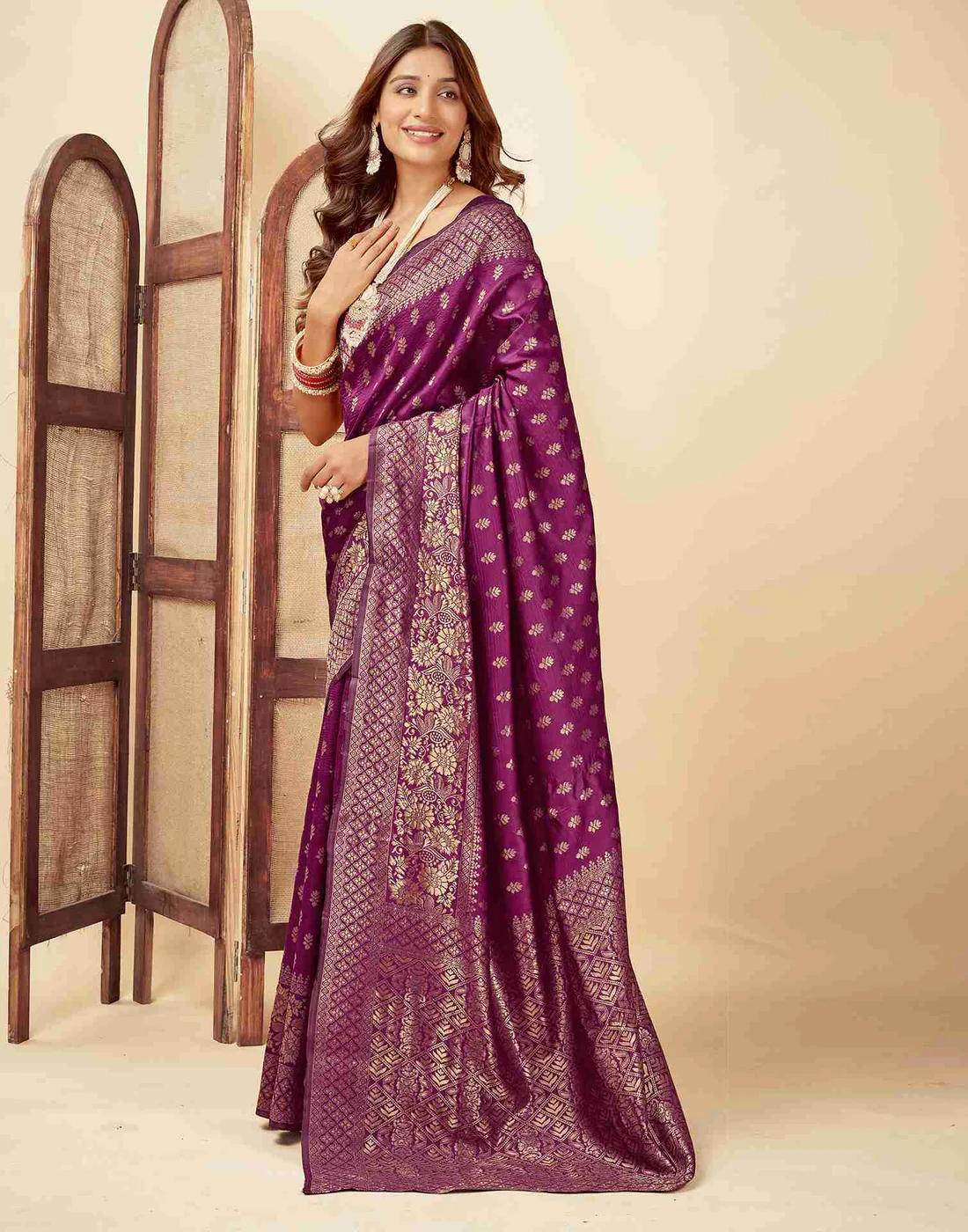 Wine Jacquard Saree for Women with Golden Zari Butti Weaving | Premium Wedding, Festive & Traditional Wear Saree with Unstitched Blouse Piece