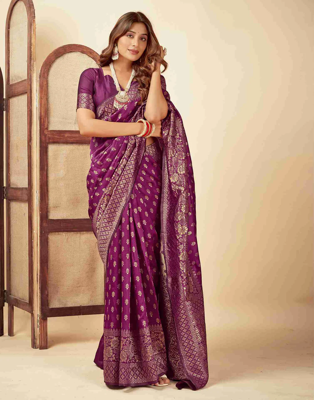 Wine Jacquard Saree for Women with Golden Zari Butti Weaving | Premium Wedding, Festive & Traditional Wear Saree with Unstitched Blouse Piece
