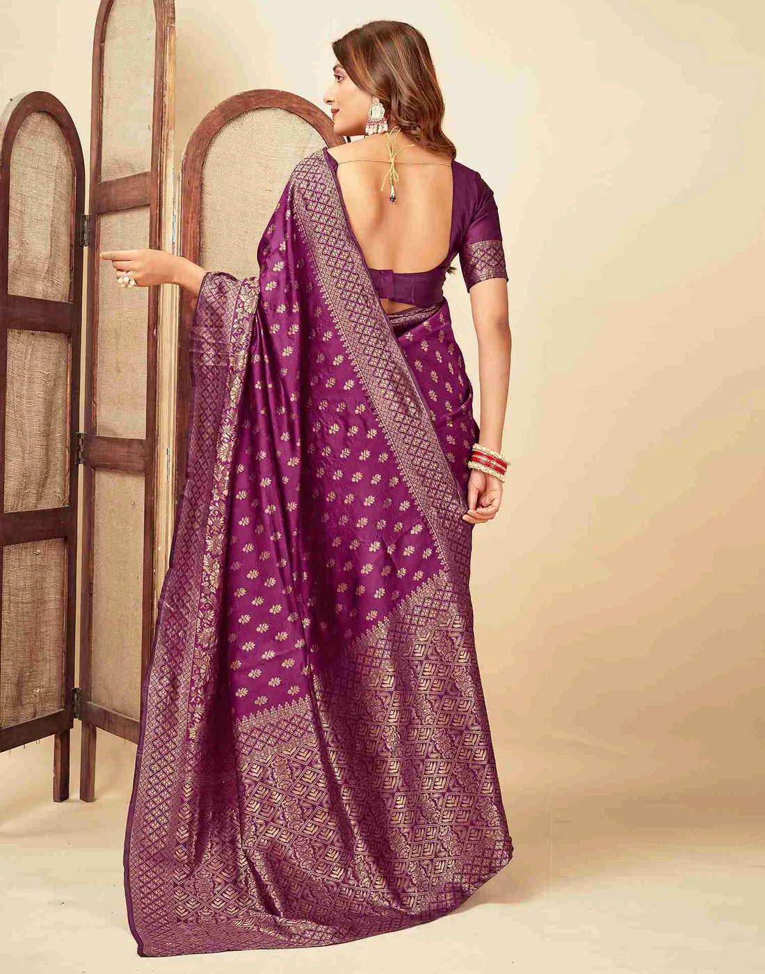 Wine Jacquard Saree for Women with Golden Zari Butti Weaving | Premium Wedding, Festive & Traditional Wear Saree with Unstitched Blouse Piece