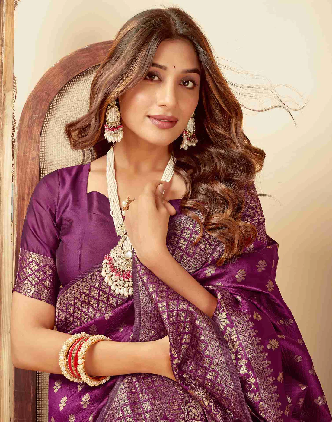 Wine Jacquard Saree for Women with Golden Zari Butti Weaving | Premium Wedding, Festive & Traditional Wear Saree with Unstitched Blouse Piece