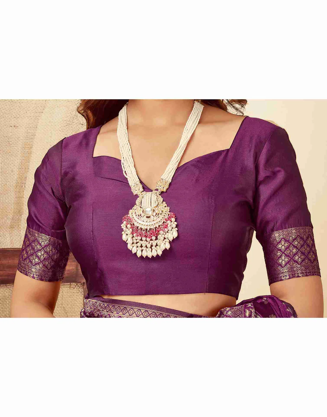 Wine Jacquard Saree for Women with Golden Zari Butti Weaving | Premium Wedding, Festive & Traditional Wear Saree with Unstitched Blouse Piece