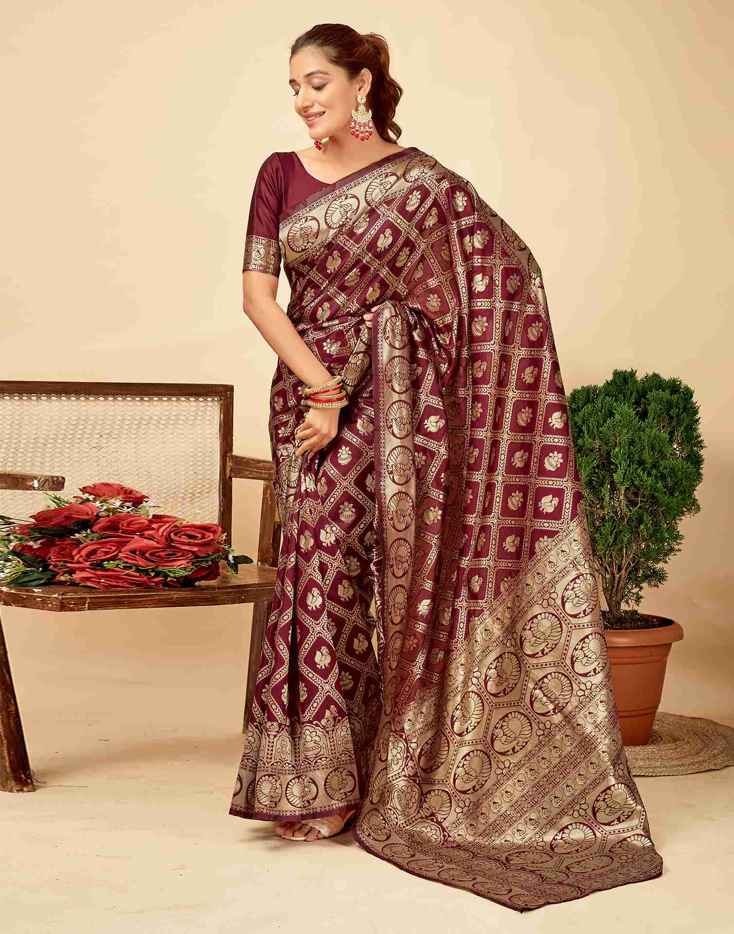 Royal Maroon Jacquard Saree for Women with Golden Zari Weaving | Premium Wedding, Festive & Traditional Wear Saree with Unstitched Blouse Piece
