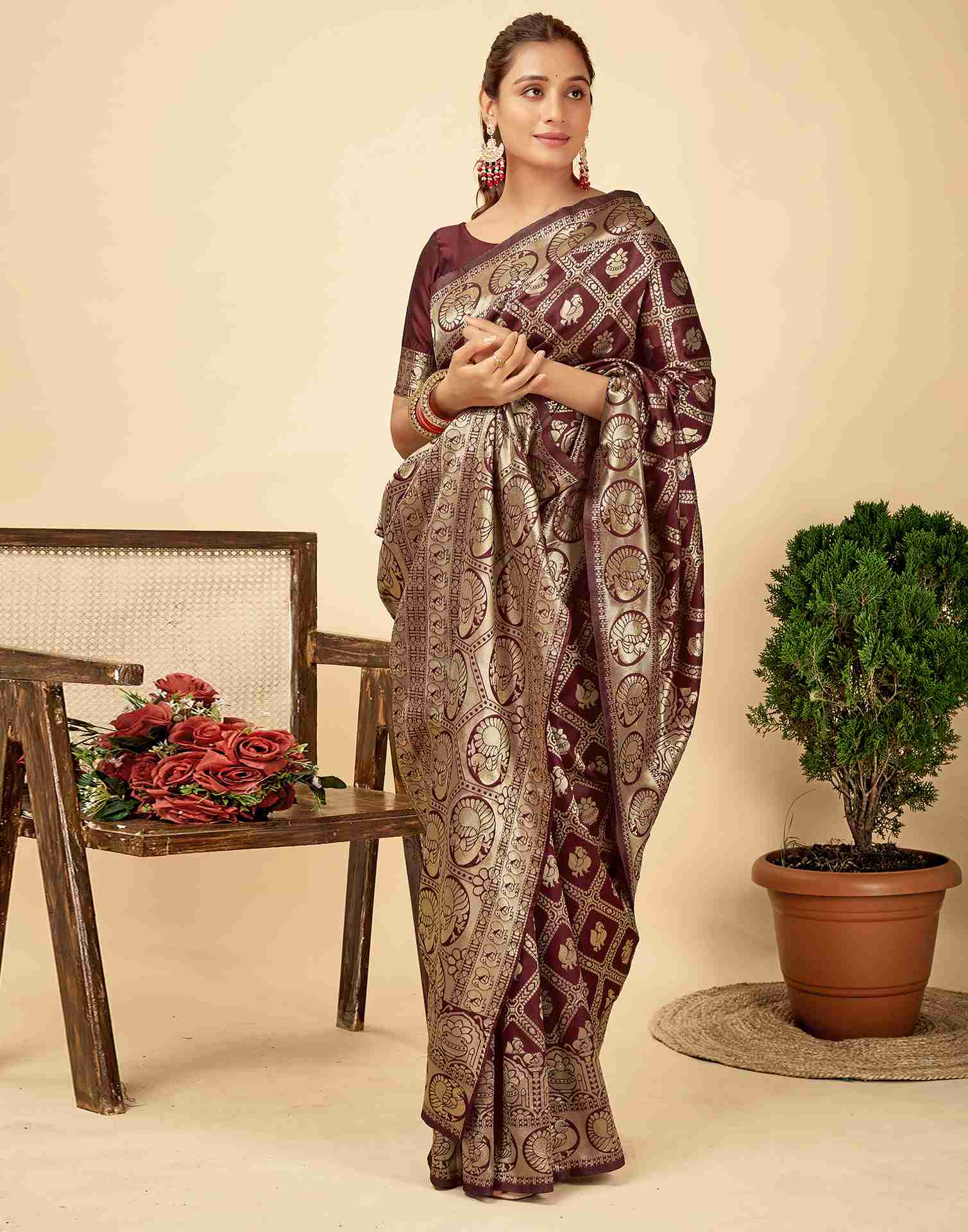 Royal Maroon Jacquard Saree for Women with Golden Zari Weaving | Premium Wedding, Festive & Traditional Wear Saree with Unstitched Blouse Piece