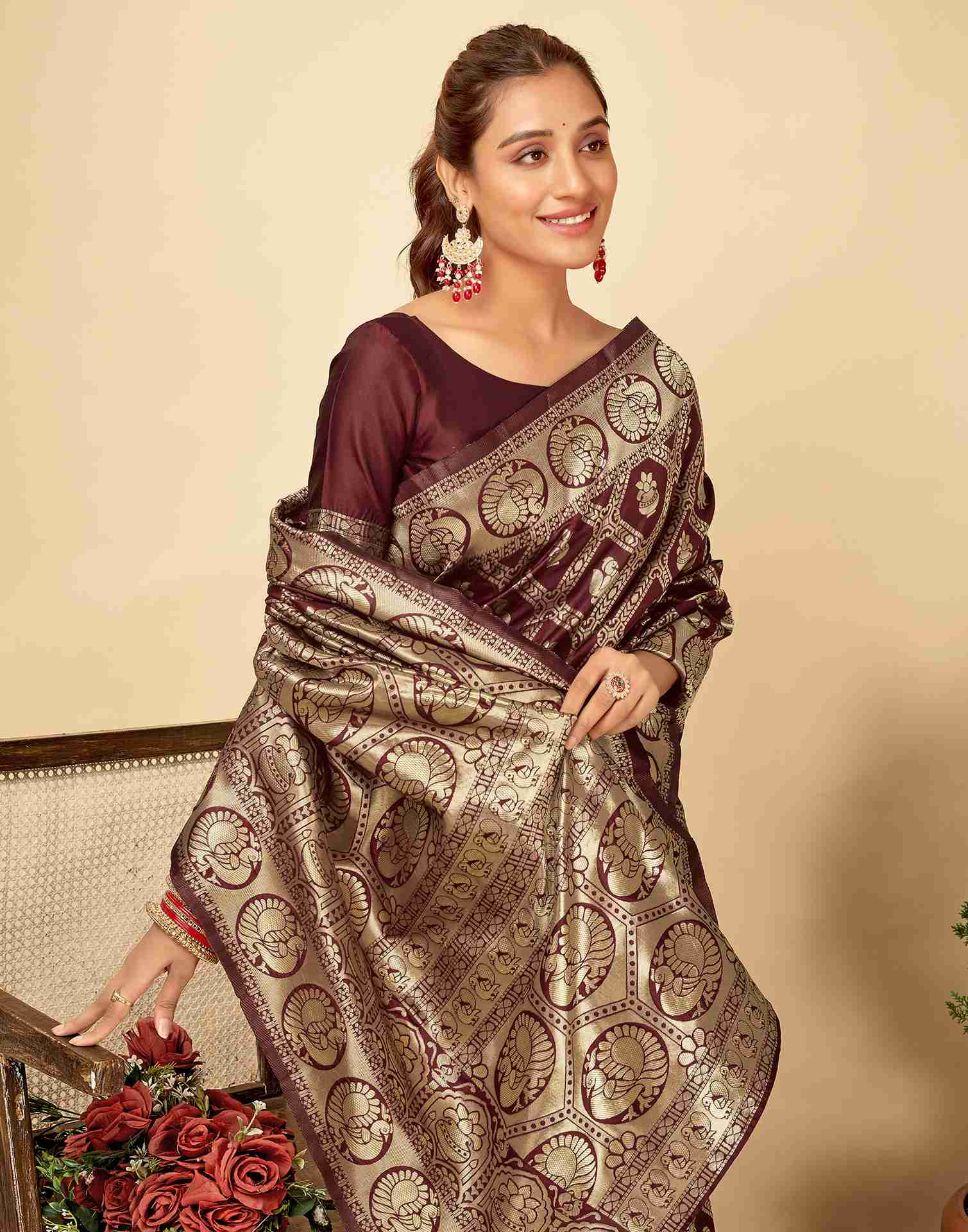 Royal Maroon Jacquard Saree for Women with Golden Zari Weaving | Premium Wedding, Festive & Traditional Wear Saree with Unstitched Blouse Piece