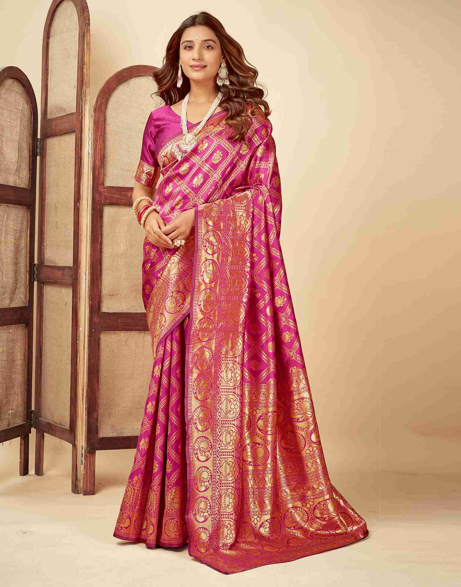 Rani Pink Jacquard Saree for Women with Golden Zari Weaving | Premium Wedding, Festive & Traditional Wear Saree with Unstitched Blouse Piece