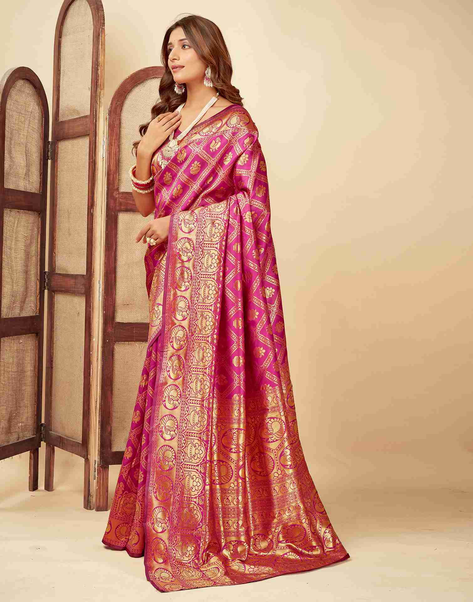 Rani Pink Jacquard Saree for Women with Golden Zari Weaving | Premium Wedding, Festive & Traditional Wear Saree with Unstitched Blouse Piece