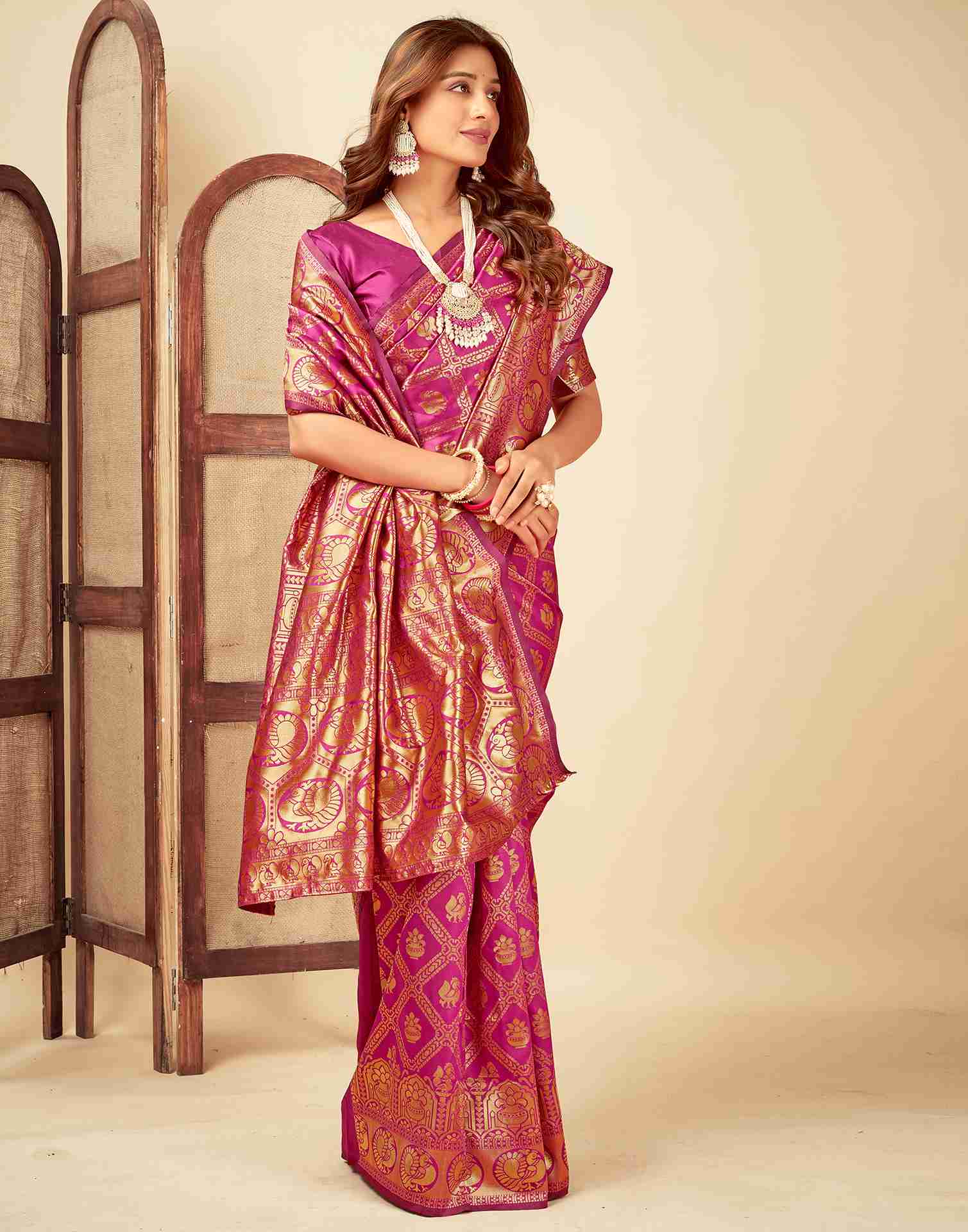 Rani Pink Jacquard Saree for Women with Golden Zari Weaving | Premium Wedding, Festive & Traditional Wear Saree with Unstitched Blouse Piece
