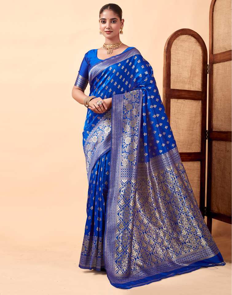 Royal Blue Jacquard Saree for Women with Silver Zari Weaving | Premium Wedding, Festive & Traditional Wear Saree with Unstitched Blouse Piece