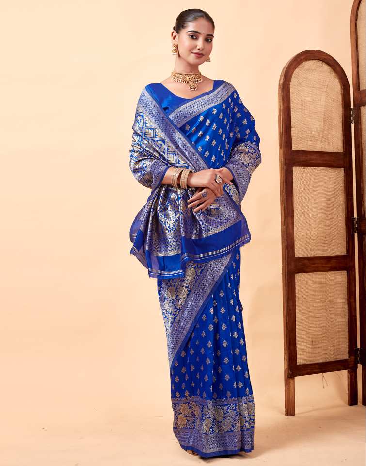 Royal Blue Jacquard Saree for Women with Silver Zari Weaving | Premium Wedding, Festive & Traditional Wear Saree with Unstitched Blouse Piece