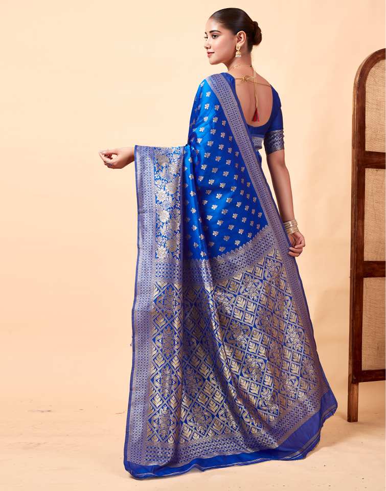 Royal Blue Jacquard Saree for Women with Silver Zari Weaving | Premium Wedding, Festive & Traditional Wear Saree with Unstitched Blouse Piece