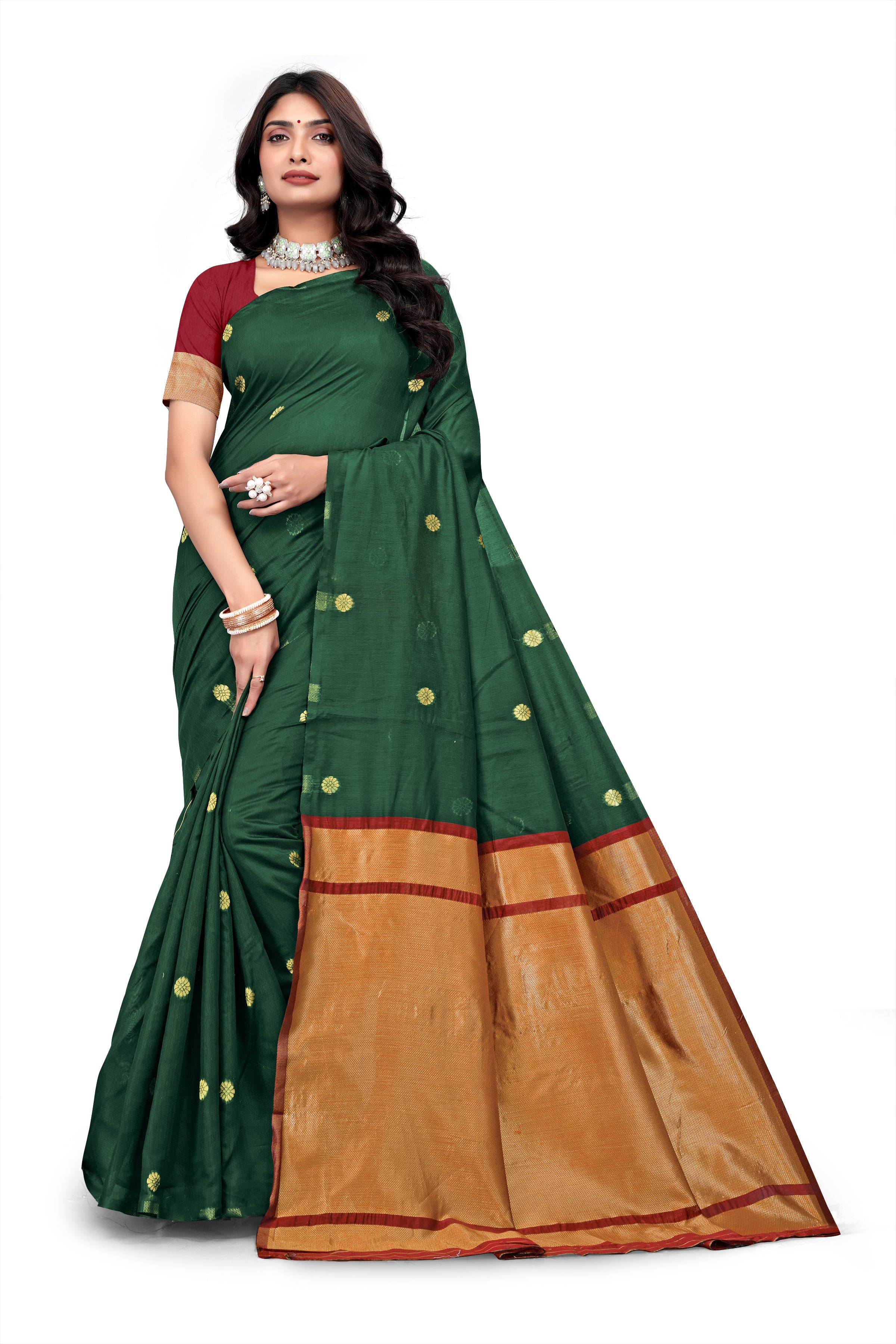 Emerald Green Jacquard Silk Saree for Women with Golden Zari Buti Work | Maroon Border | Premium Festive, Wedding & Traditional Wear Saree with Unstitched Blouse Piece