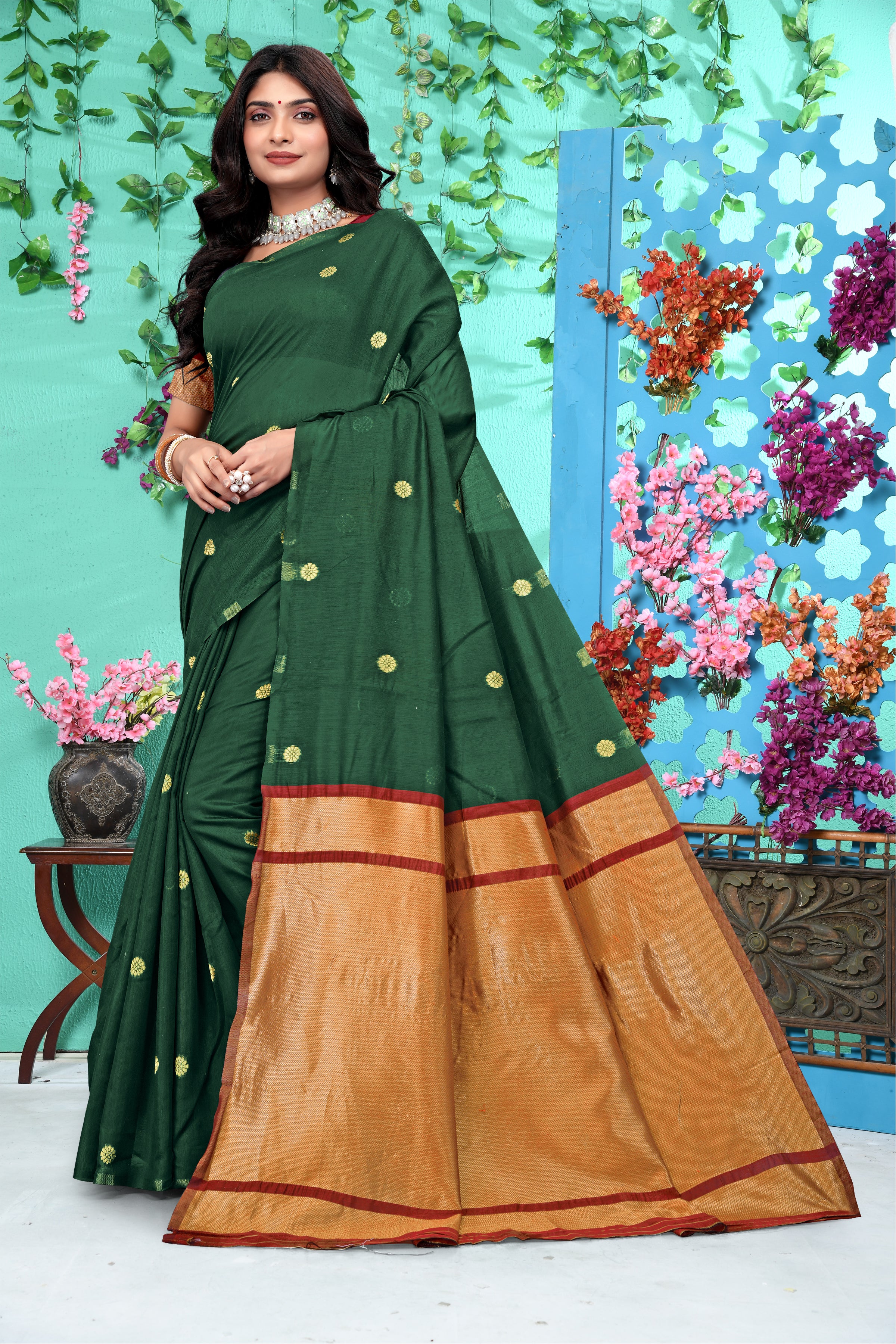 Emerald Green Jacquard Silk Saree for Women with Golden Zari Buti Work | Maroon Border | Premium Festive, Wedding & Traditional Wear Saree with Unstitched Blouse Piece
