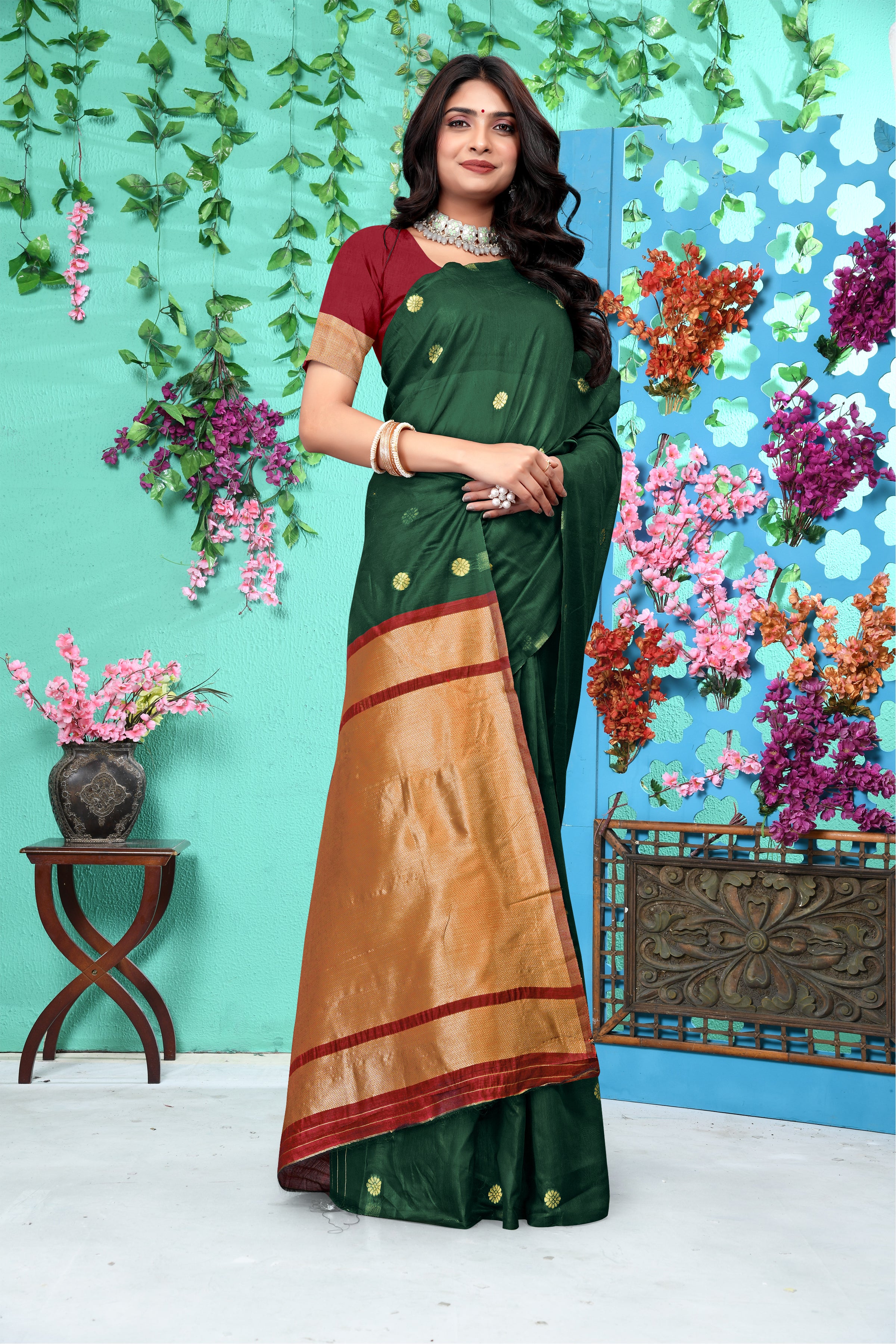 Emerald Green Jacquard Silk Saree for Women with Golden Zari Buti Work | Maroon Border | Premium Festive, Wedding & Traditional Wear Saree with Unstitched Blouse Piece