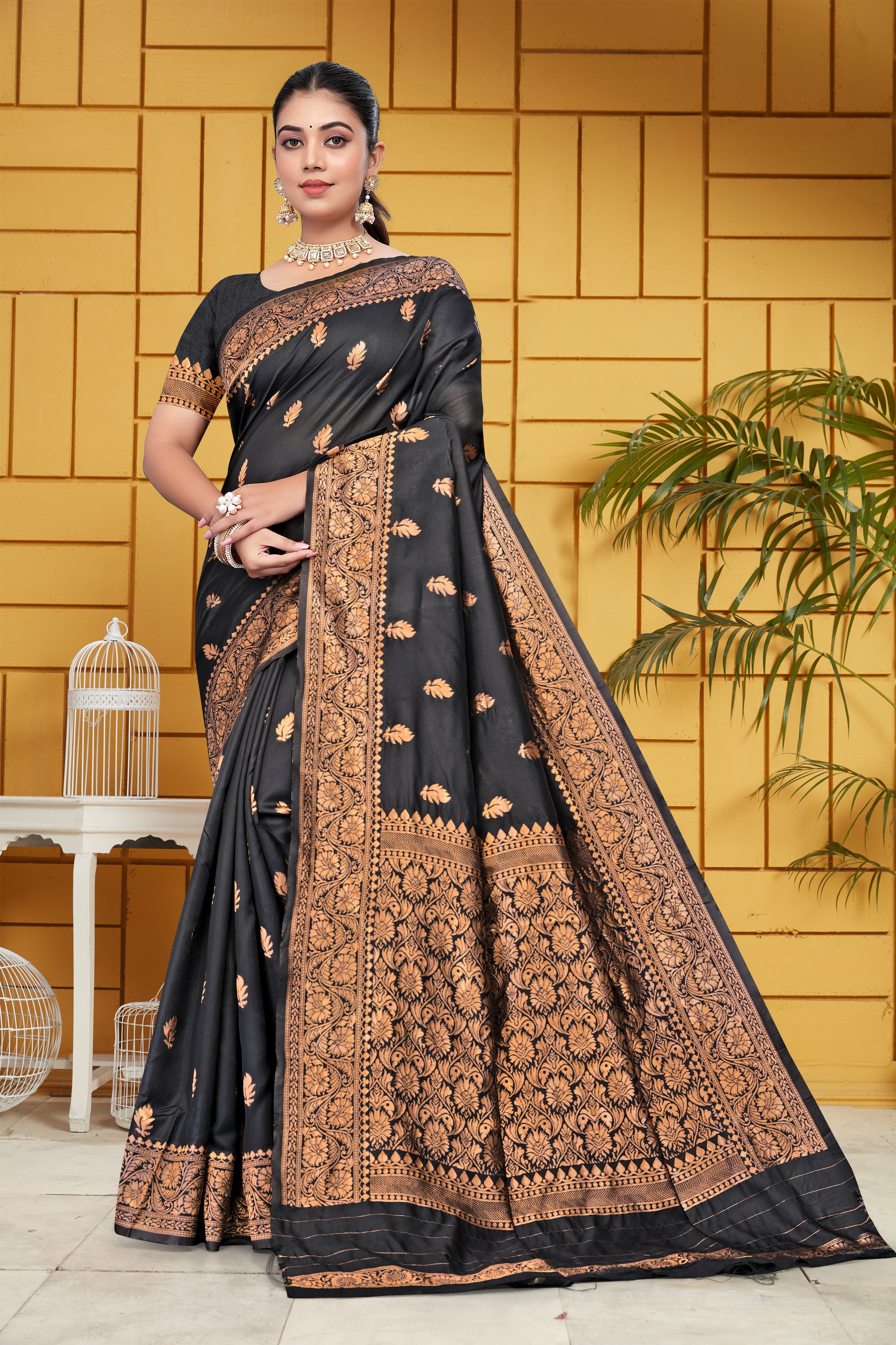 AXONIT Jacquard Silk Saree for Women | Black & Antique Gold Zari Weave | Design A419 | Soft Silk Saree