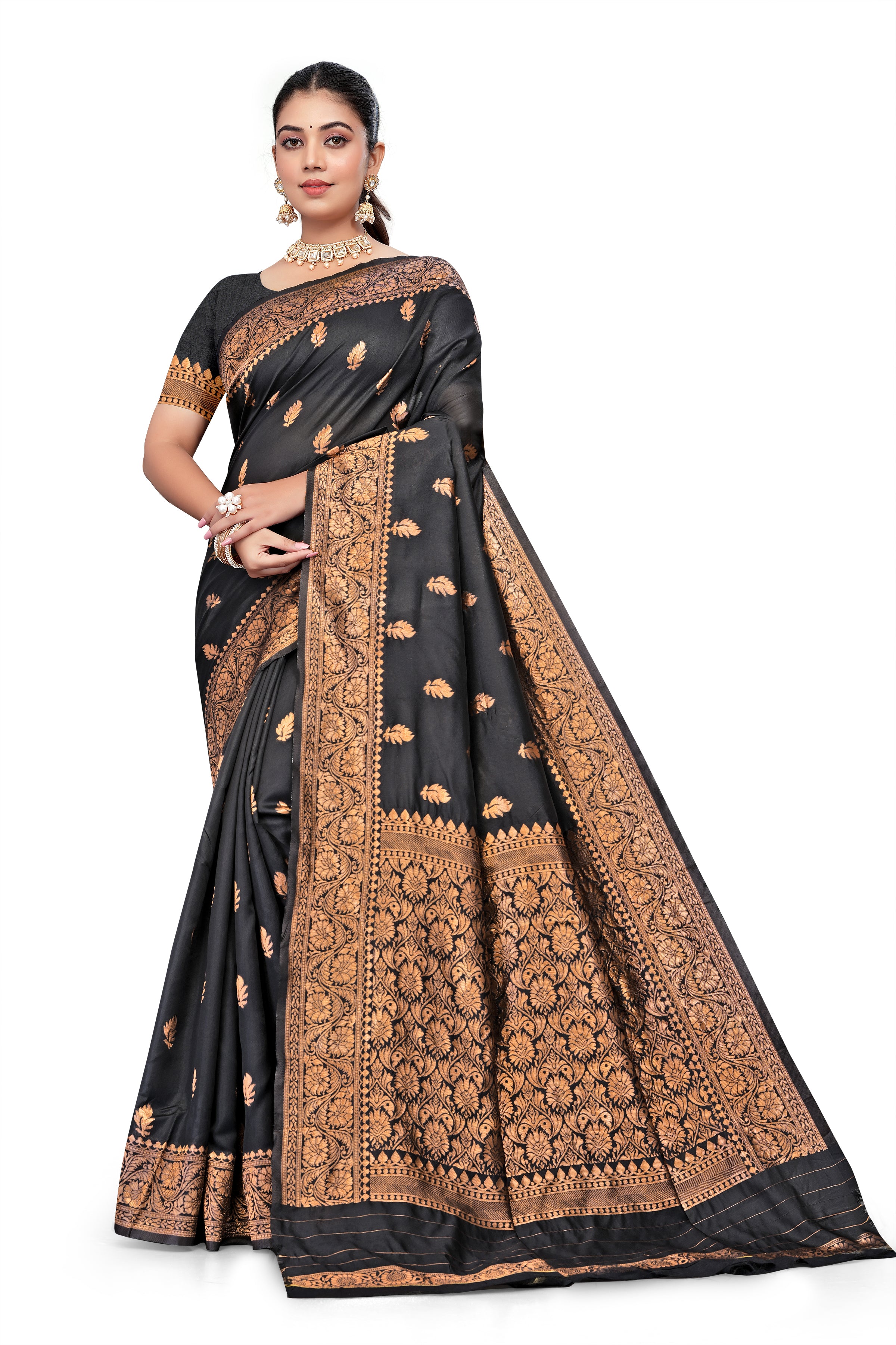 AXONIT Jacquard Silk Saree for Women | Black & Antique Gold Zari Weave | Design A419 | Soft Silk Saree