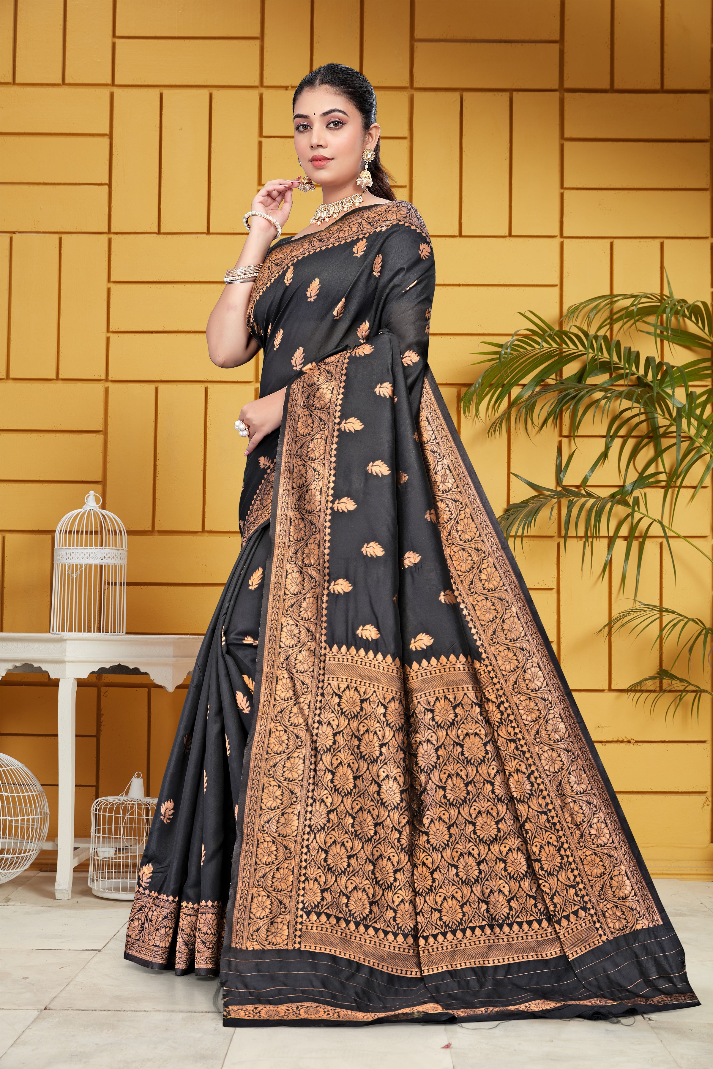 AXONIT Jacquard Silk Saree for Women | Black & Antique Gold Zari Weave | Design A419 | Soft Silk Saree