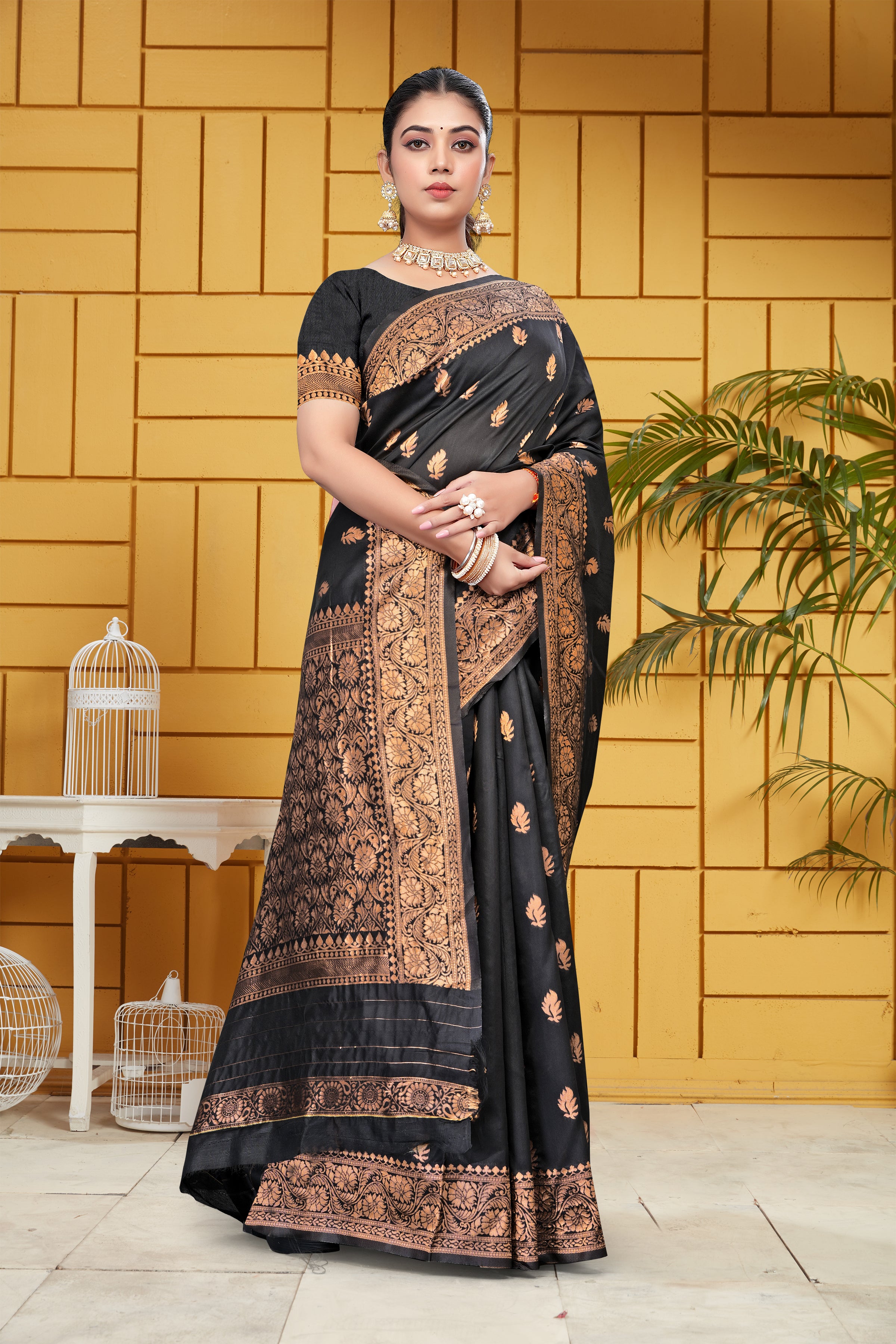 AXONIT Jacquard Silk Saree for Women | Black & Antique Gold Zari Weave | Design A419 | Soft Silk Saree