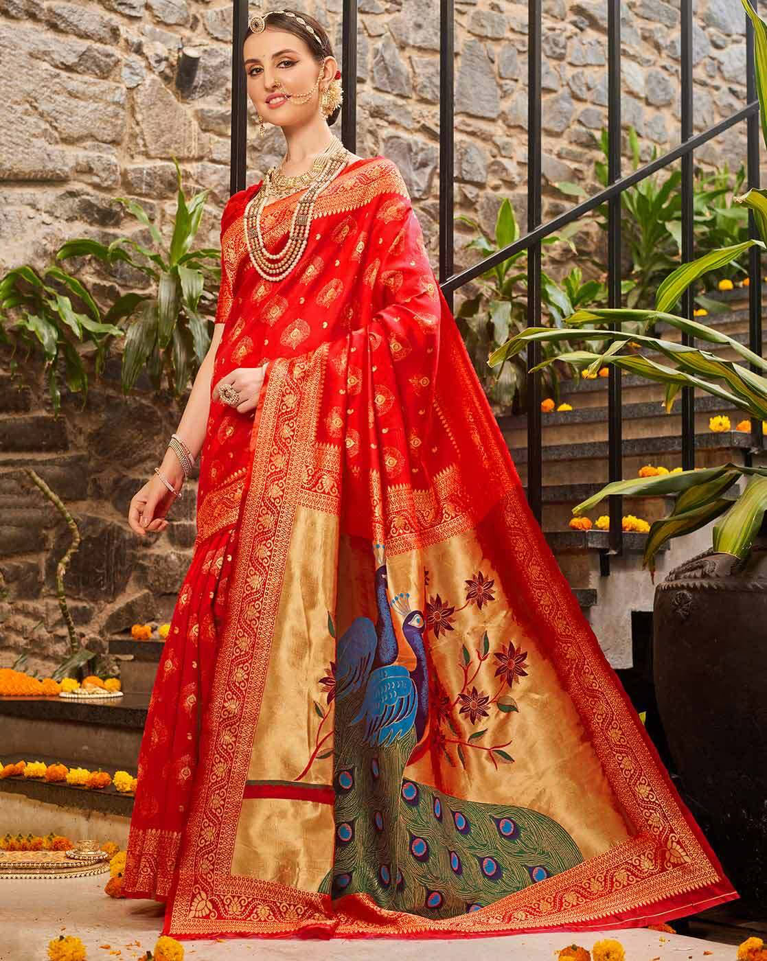 Red Jacquard Silk Saree for Women with Peacock Pallu & Golden Zari Weaving | Premium Wedding, Festive & Traditional Wear Saree with Unstitched Blouse Piece