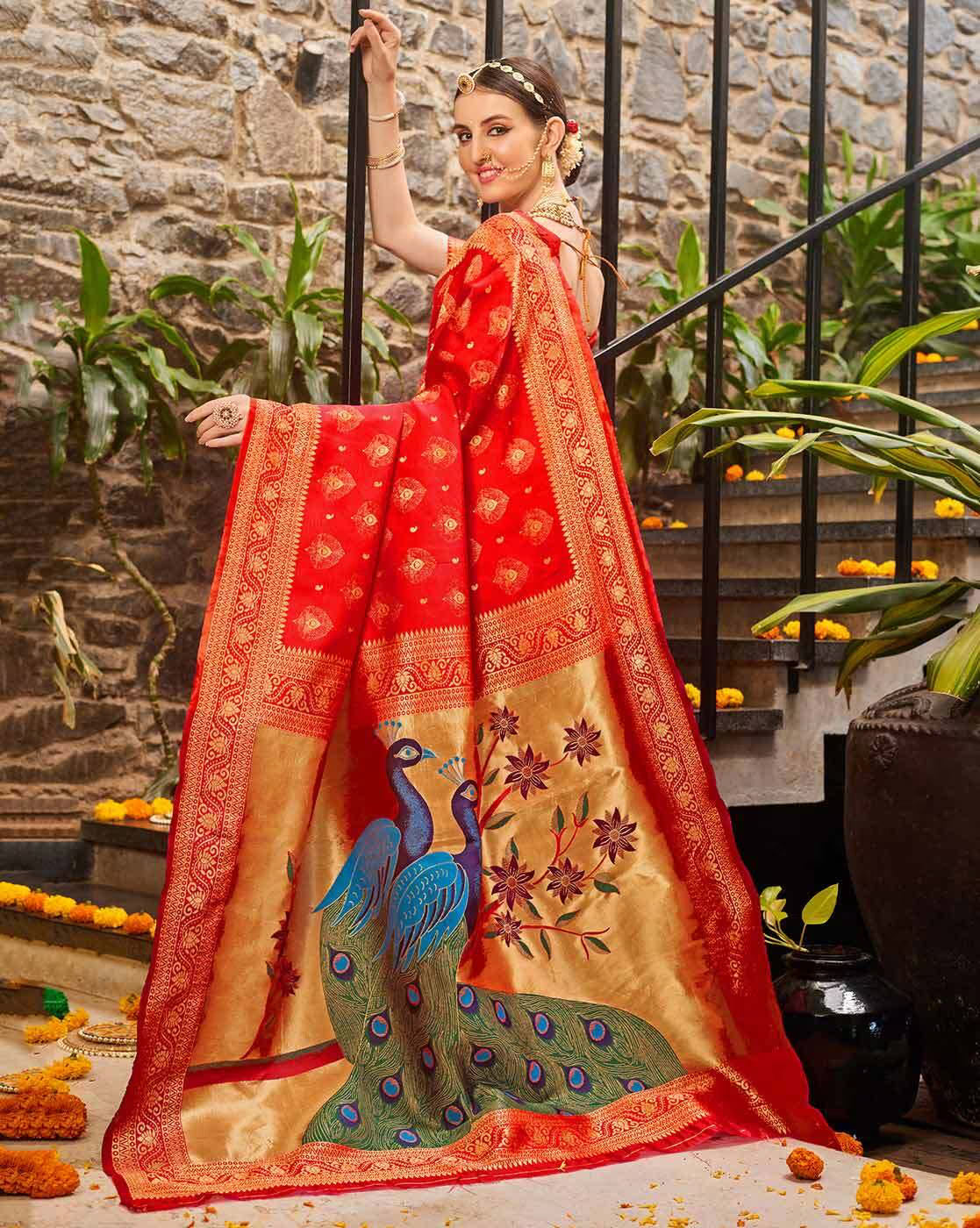 Red Jacquard Silk Saree for Women with Peacock Pallu & Golden Zari Weaving | Premium Wedding, Festive & Traditional Wear Saree with Unstitched Blouse Piece