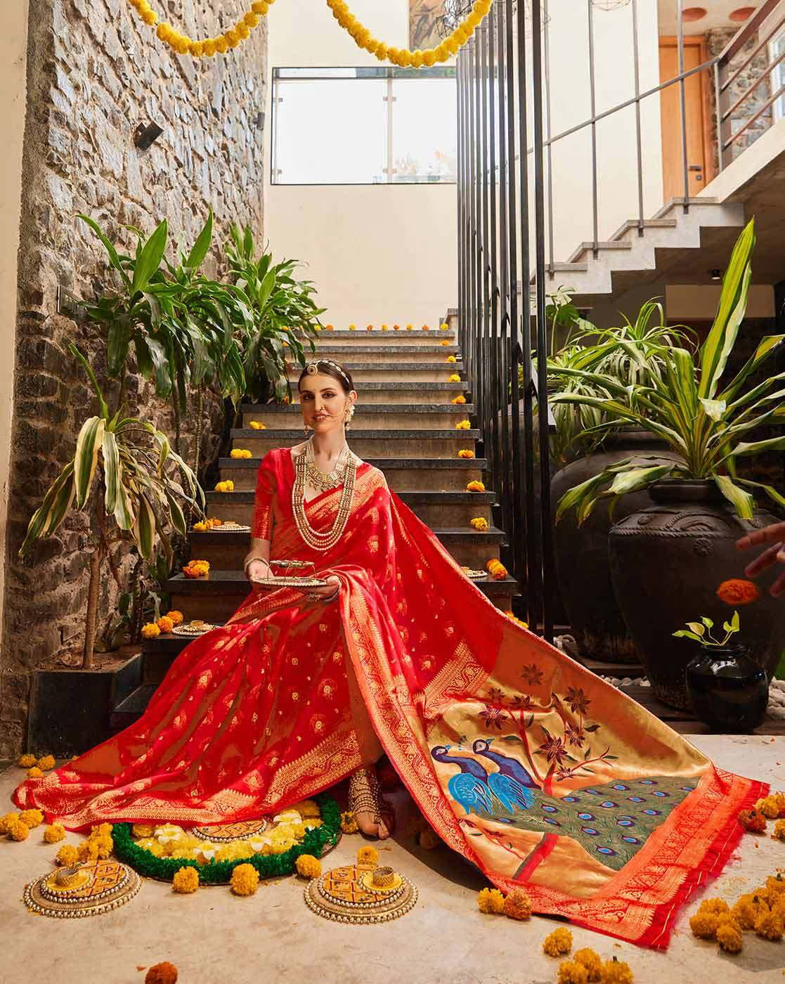 Red Jacquard Silk Saree for Women with Peacock Pallu & Golden Zari Weaving | Premium Wedding, Festive & Traditional Wear Saree with Unstitched Blouse Piece