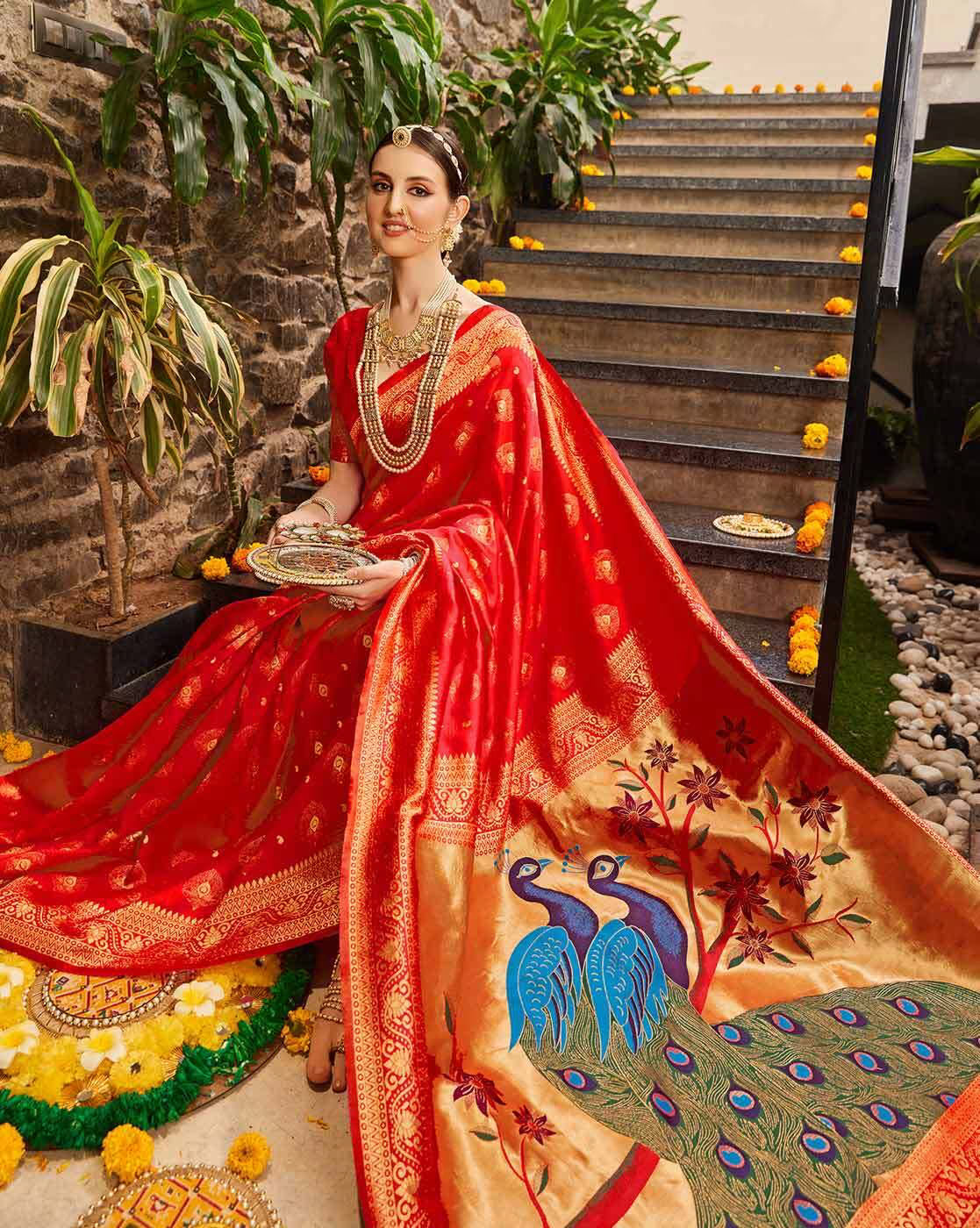 Red Jacquard Silk Saree for Women with Peacock Pallu & Golden Zari Weaving | Premium Wedding, Festive & Traditional Wear Saree with Unstitched Blouse Piece