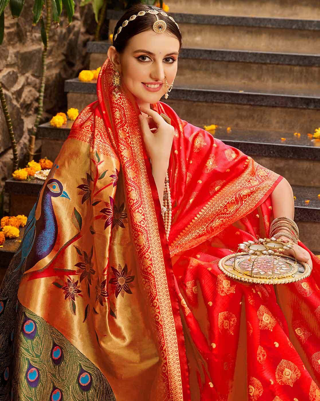 Red Jacquard Silk Saree for Women with Peacock Pallu & Golden Zari Weaving | Premium Wedding, Festive & Traditional Wear Saree with Unstitched Blouse Piece
