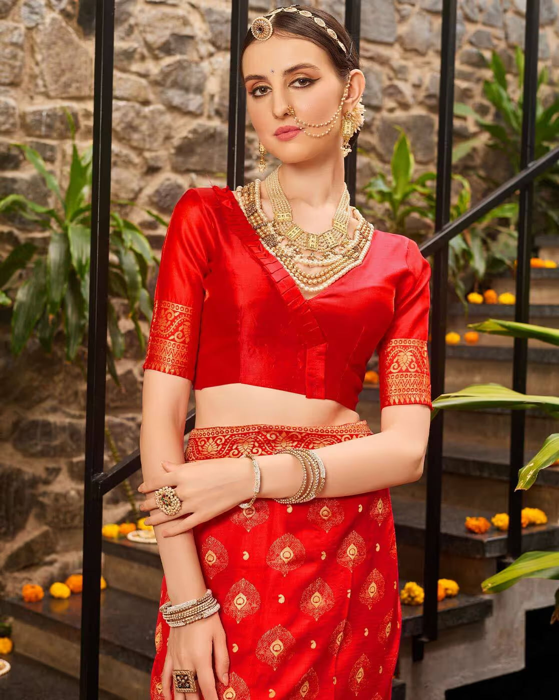 Red Jacquard Silk Saree for Women with Peacock Pallu & Golden Zari Weaving | Premium Wedding, Festive & Traditional Wear Saree with Unstitched Blouse Piece