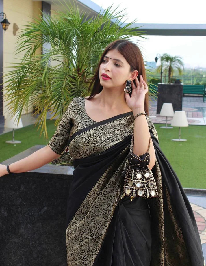 Black Jacquard Silk Saree for Women with Antique Gold Zari Border | Premium Wedding, Festive & Party Wear Saree with Unstitched Blouse Piece