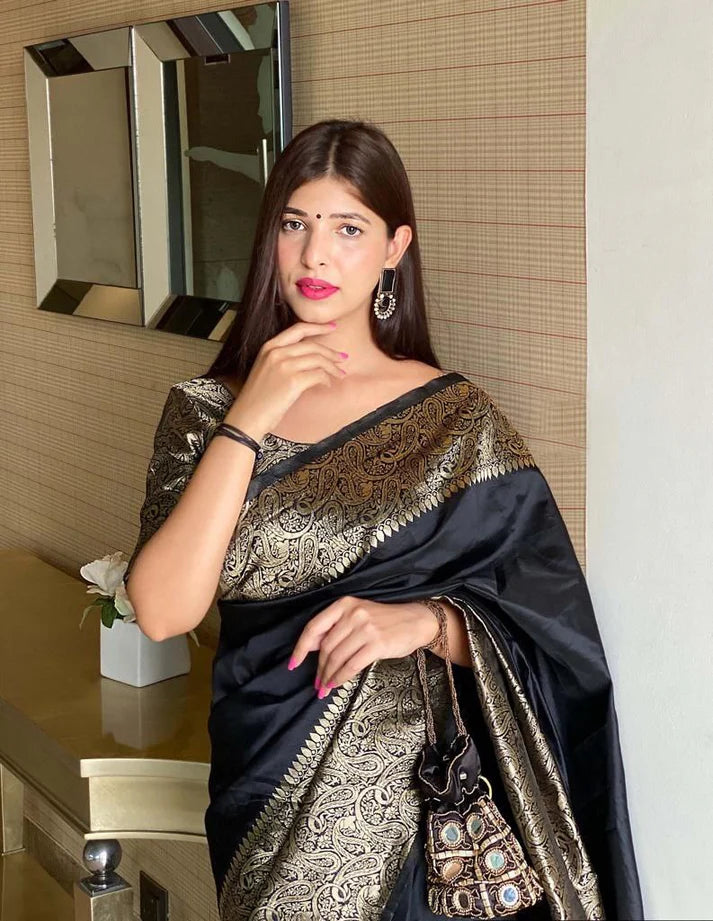 Black Jacquard Silk Saree for Women with Antique Gold Zari Border | Premium Wedding, Festive & Party Wear Saree with Unstitched Blouse Piece