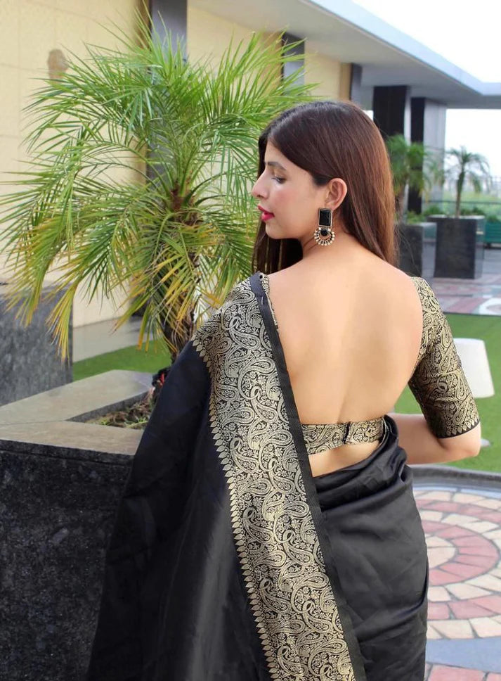 Black Jacquard Silk Saree for Women with Antique Gold Zari Border | Premium Wedding, Festive & Party Wear Saree with Unstitched Blouse Piece