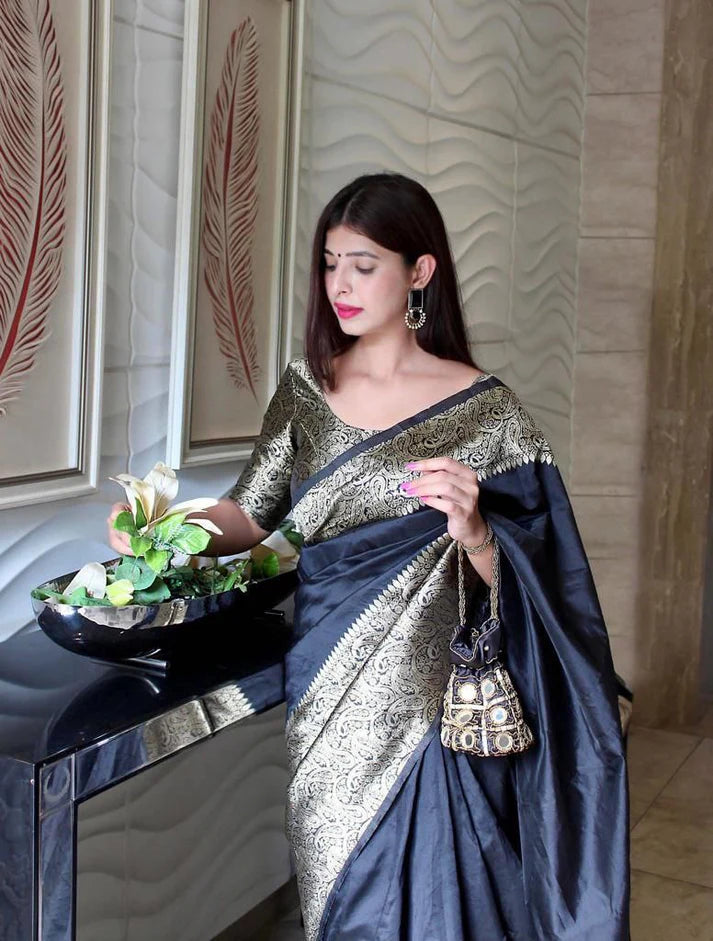Black Jacquard Silk Saree for Women with Antique Gold Zari Border | Premium Wedding, Festive & Party Wear Saree with Unstitched Blouse Piece
