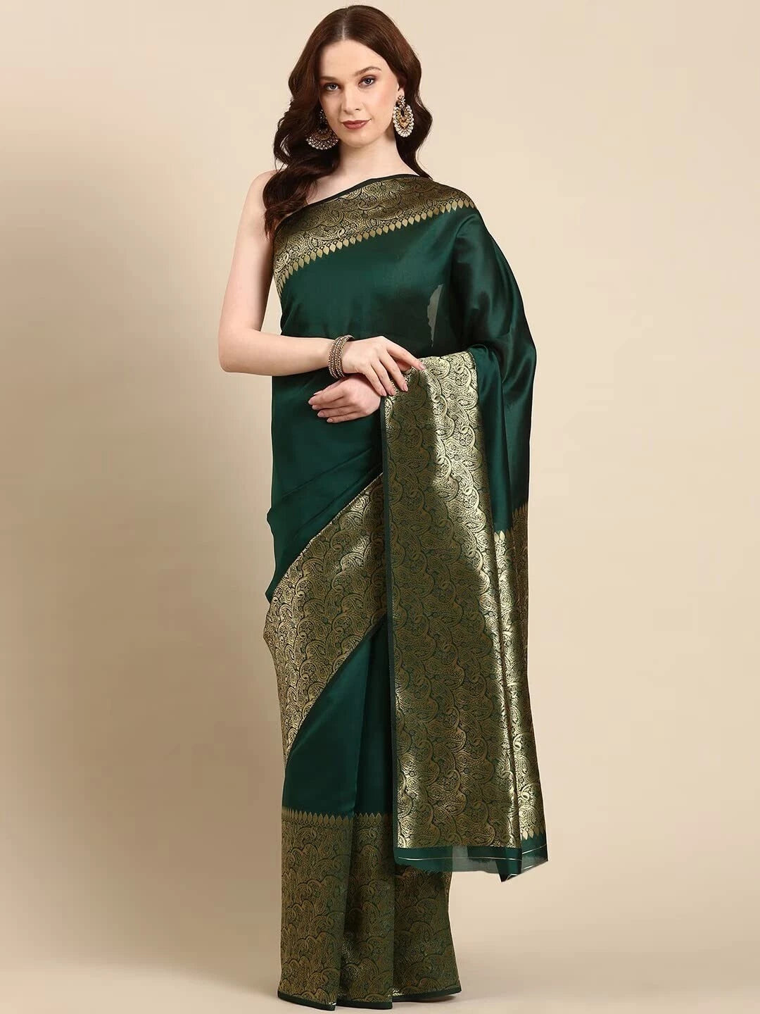 Bottle Green Jacquard Silk Saree for Women with Golden Zari Border | Premium Wedding, Festive & Party Wear Saree with Unstitched Blouse Piece