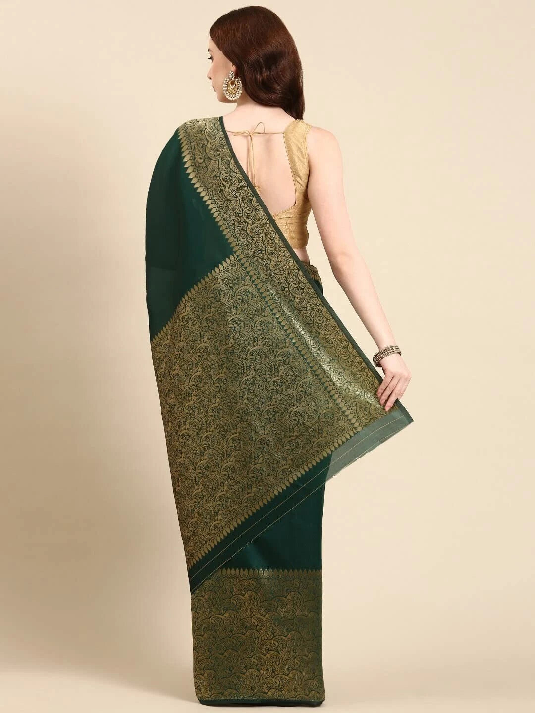 Bottle Green Jacquard Silk Saree for Women with Golden Zari Border | Premium Wedding, Festive & Party Wear Saree with Unstitched Blouse Piece