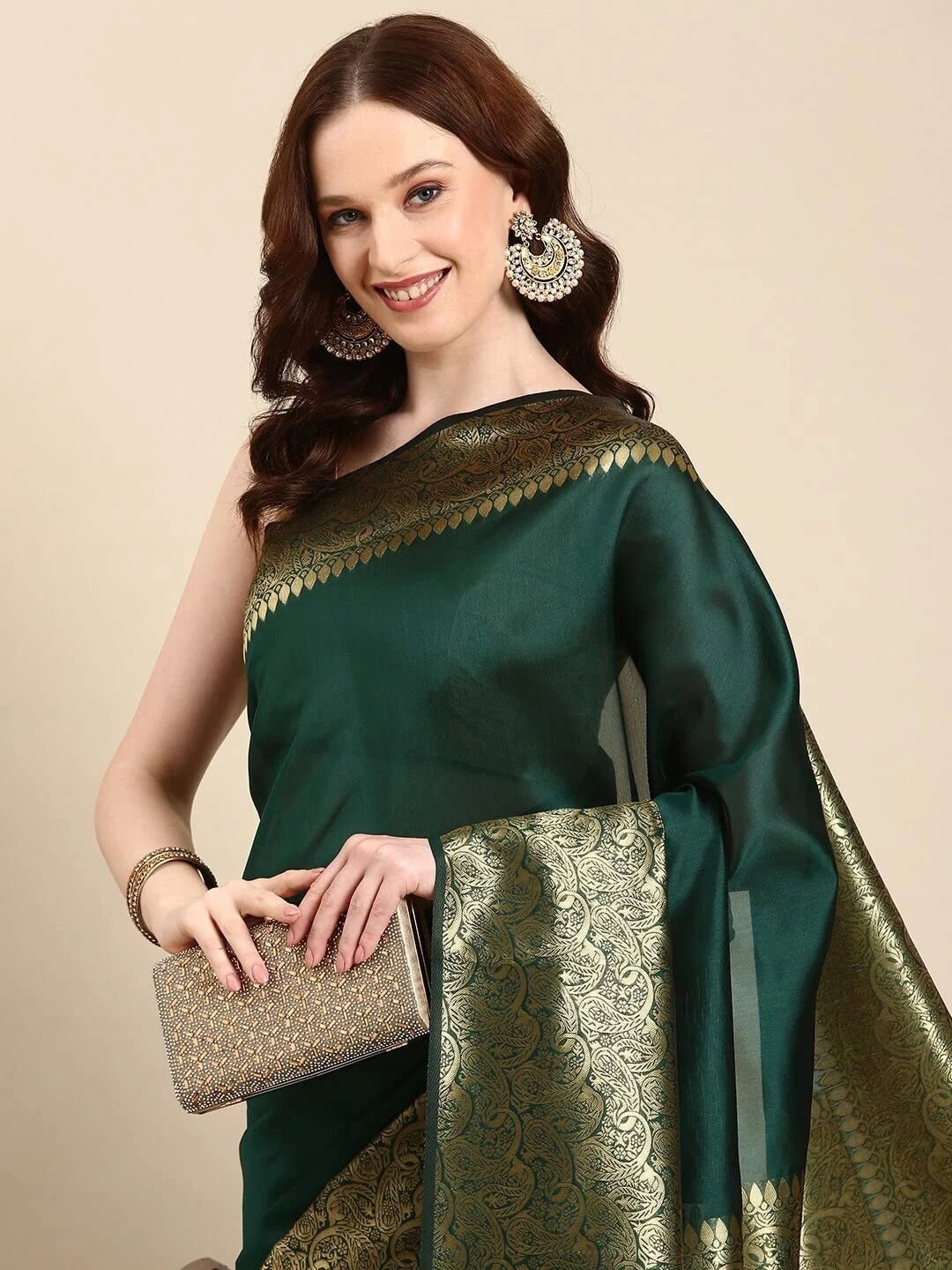 Bottle Green Jacquard Silk Saree for Women with Golden Zari Border | Premium Wedding, Festive & Party Wear Saree with Unstitched Blouse Piece