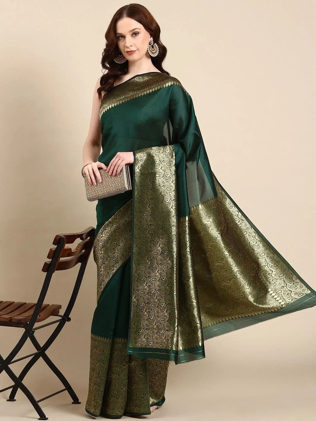 Bottle Green Jacquard Silk Saree for Women with Golden Zari Border | Premium Wedding, Festive & Party Wear Saree with Unstitched Blouse Piece