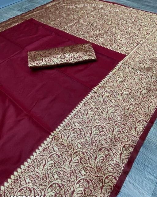 Maroon Jacquard Silk Saree for Women with Antique Gold Zari Border | Premium Wedding, Festive & Traditional Wear Saree with Unstitched Blouse Piece