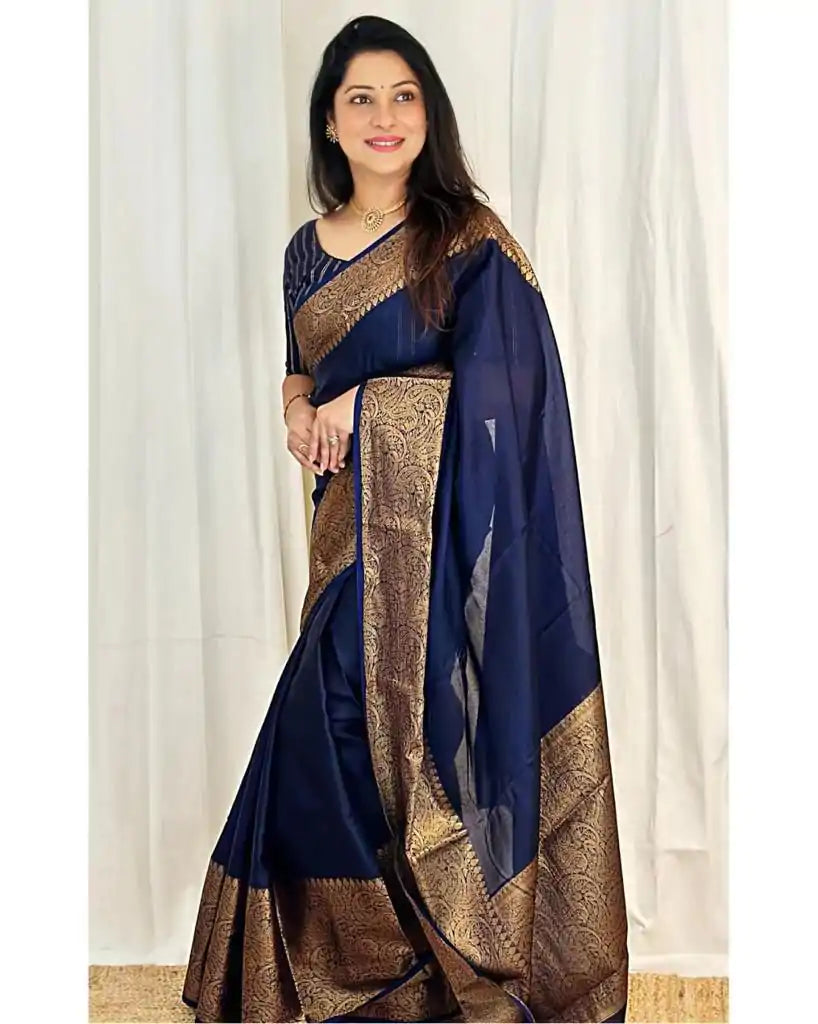 Navy Blue Jacquard Silk Saree for Women with Antique Gold Zari Weaving | Premium Wedding, Festive & Traditional Wear Saree with Unstitched Blouse Piece