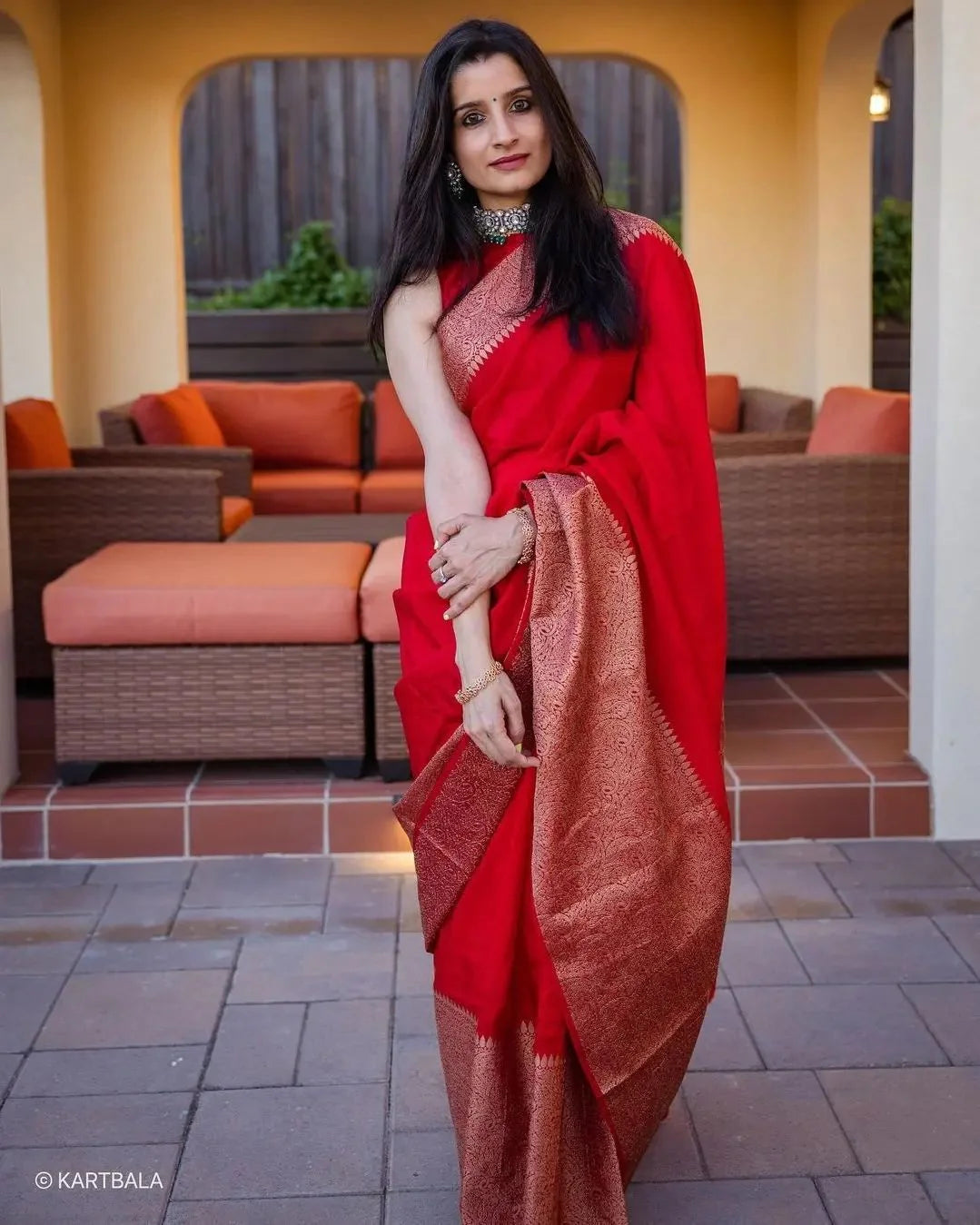 Red Jacquard Silk Saree for Women with Copper Gold Zari Border | Premium Wedding, Festive & Traditional Wear Saree with Unstitched Blouse Piece