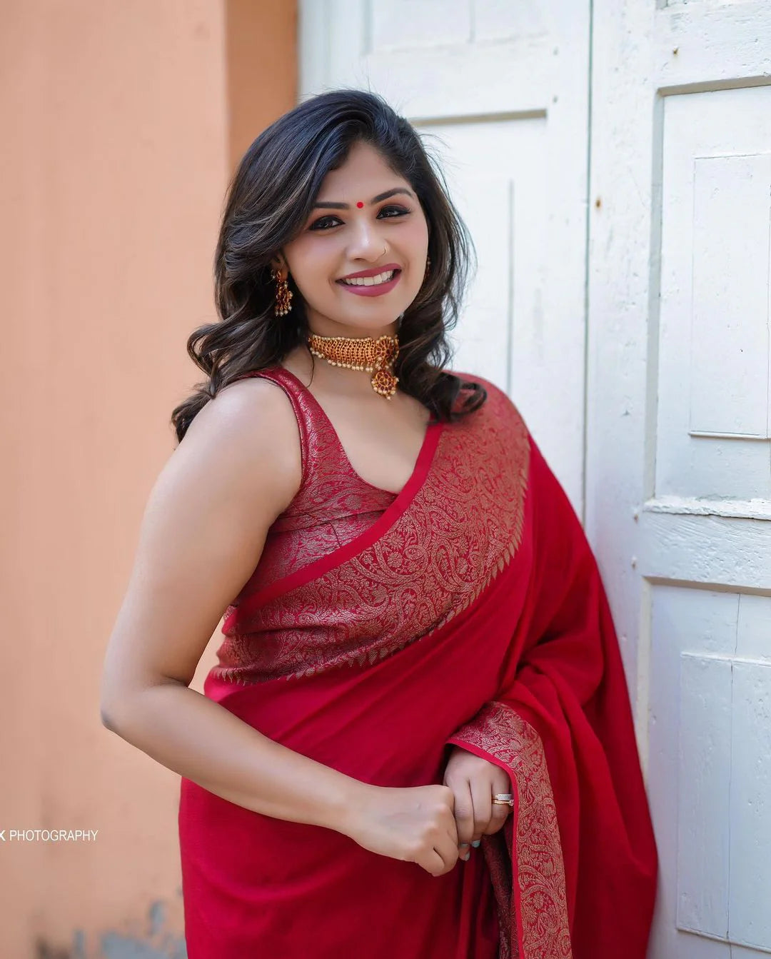 Red Jacquard Silk Saree for Women with Copper Gold Zari Border | Premium Wedding, Festive & Traditional Wear Saree with Unstitched Blouse Piece