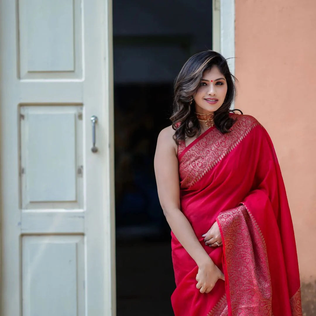 Red Jacquard Silk Saree for Women with Copper Gold Zari Border | Premium Wedding, Festive & Traditional Wear Saree with Unstitched Blouse Piece