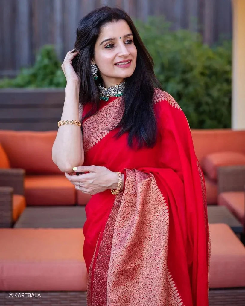 Red Jacquard Silk Saree for Women with Copper Gold Zari Border | Premium Wedding, Festive & Traditional Wear Saree with Unstitched Blouse Piece