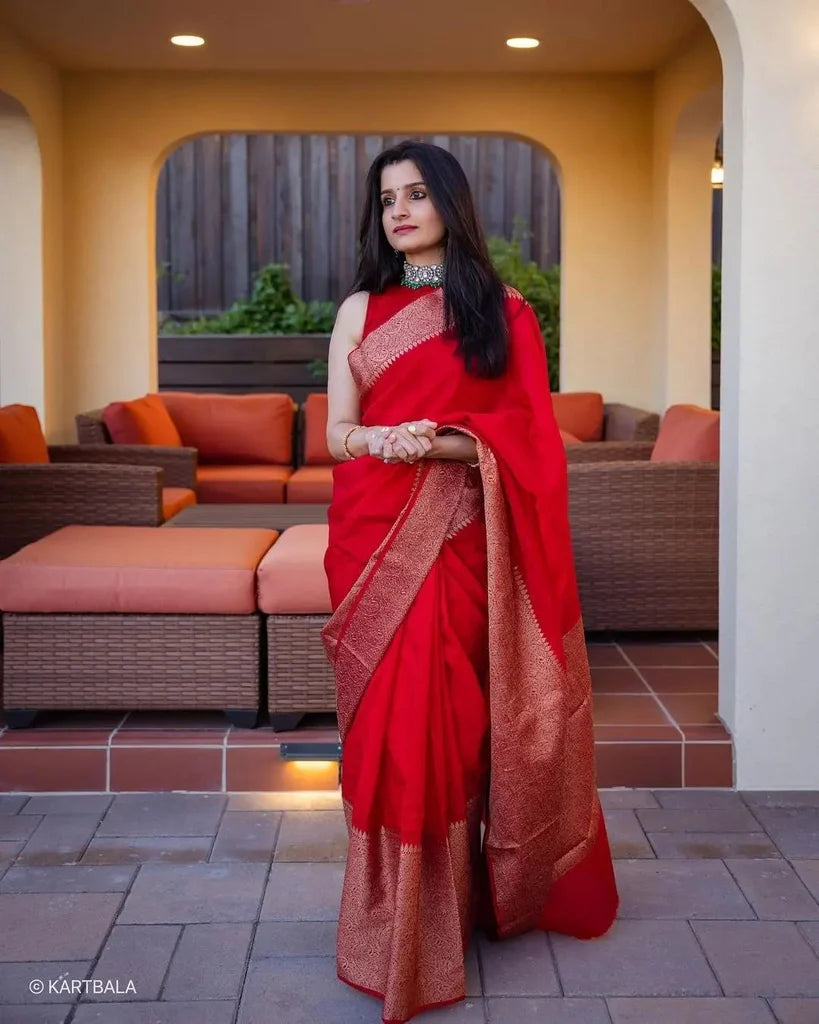 Red Jacquard Silk Saree for Women with Copper Gold Zari Border | Premium Wedding, Festive & Traditional Wear Saree with Unstitched Blouse Piece